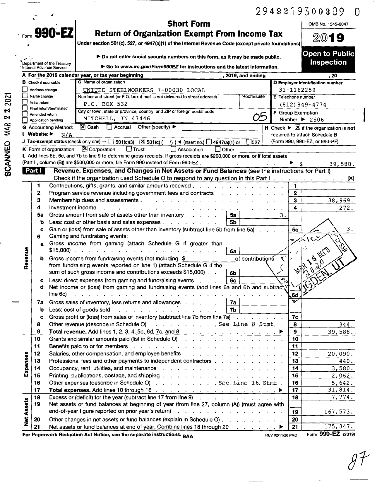 Image of first page of 2019 Form 990EO for United Steelworkers - 7-00030 Local