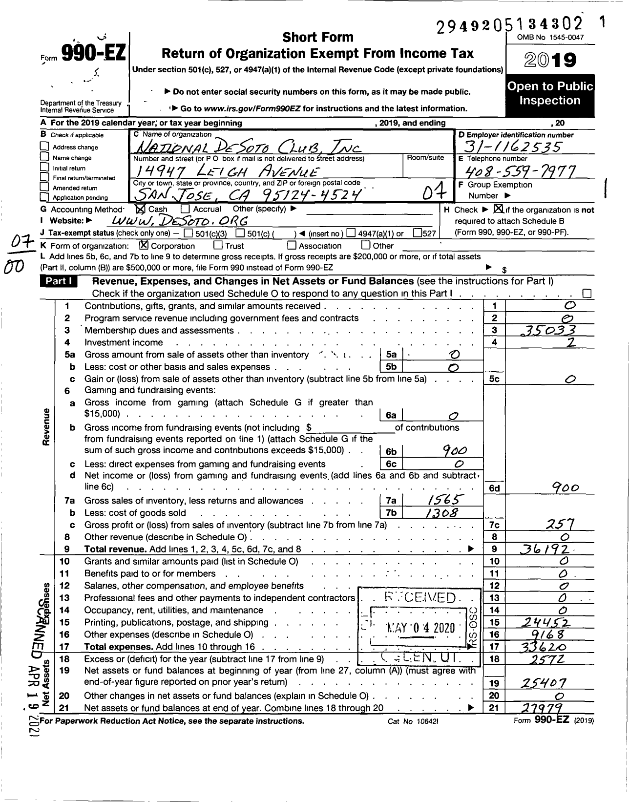 Image of first page of 2019 Form 990EO for National Desoto Club