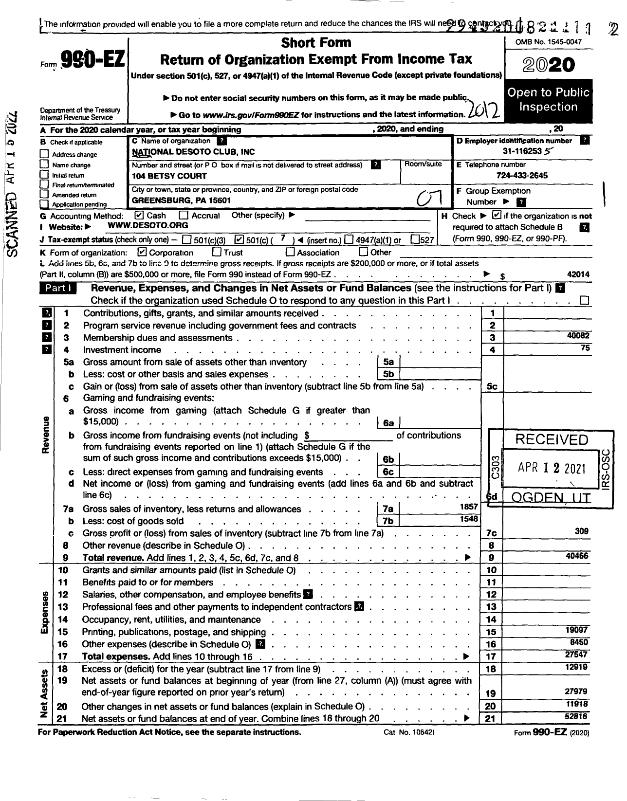 Image of first page of 2020 Form 990EO for National Desoto Club