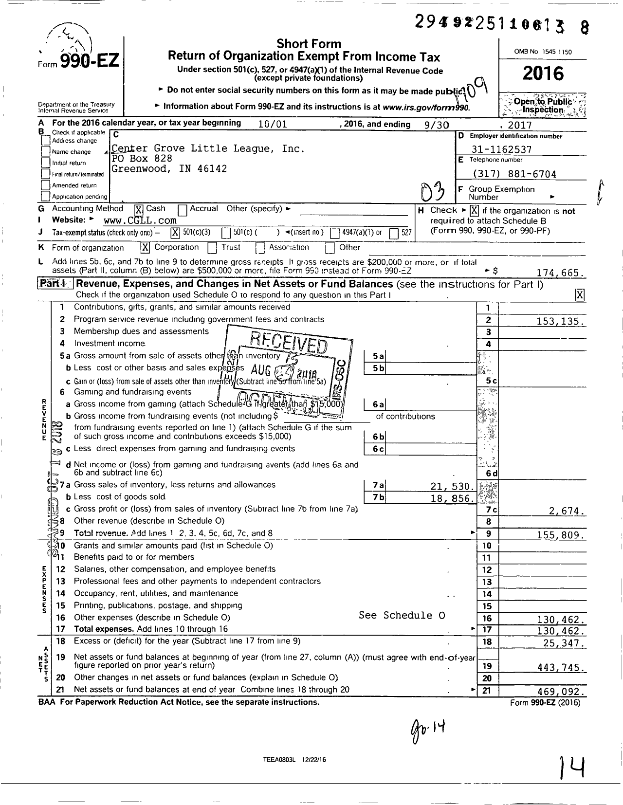 Image of first page of 2016 Form 990EZ for Center Grove Youth Baseball