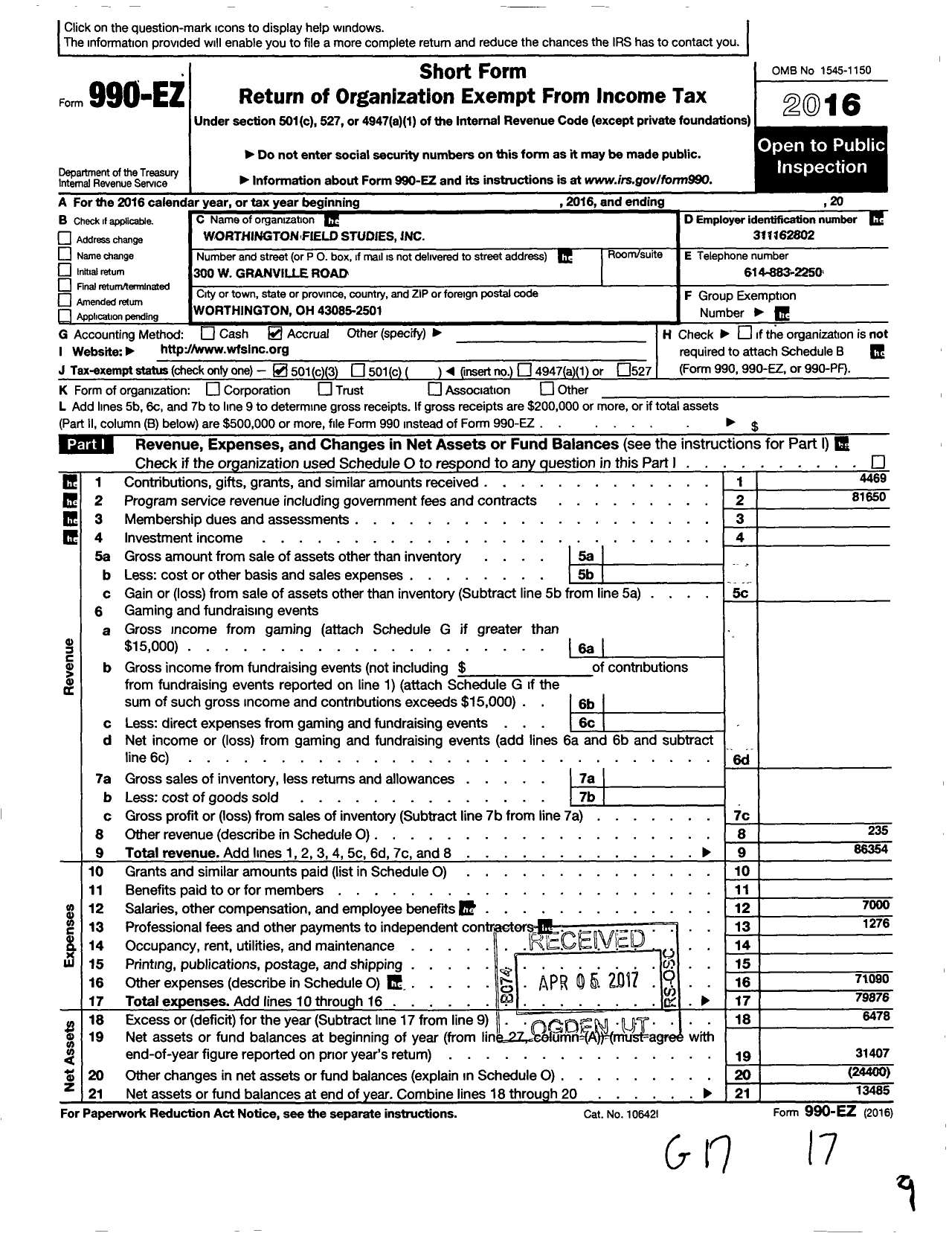 Image of first page of 2016 Form 990EZ for Worthington Field Studies