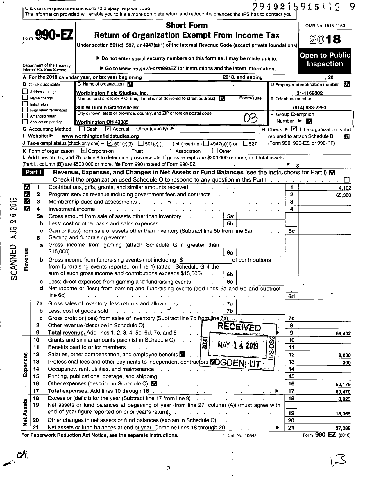 Image of first page of 2018 Form 990EZ for Worthington Field Studies