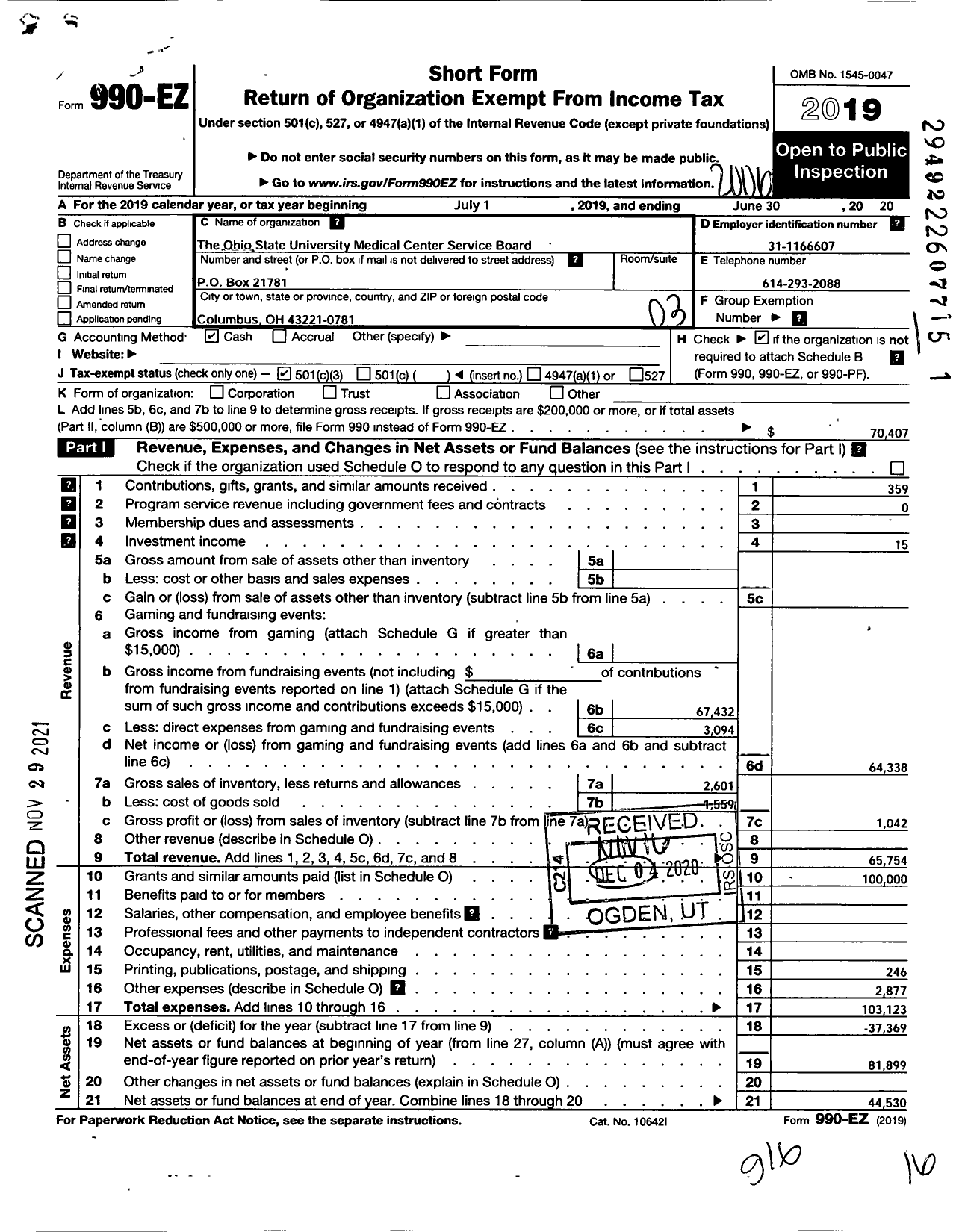 Image of first page of 2019 Form 990EZ for Ohio State University Medical Center Service Board