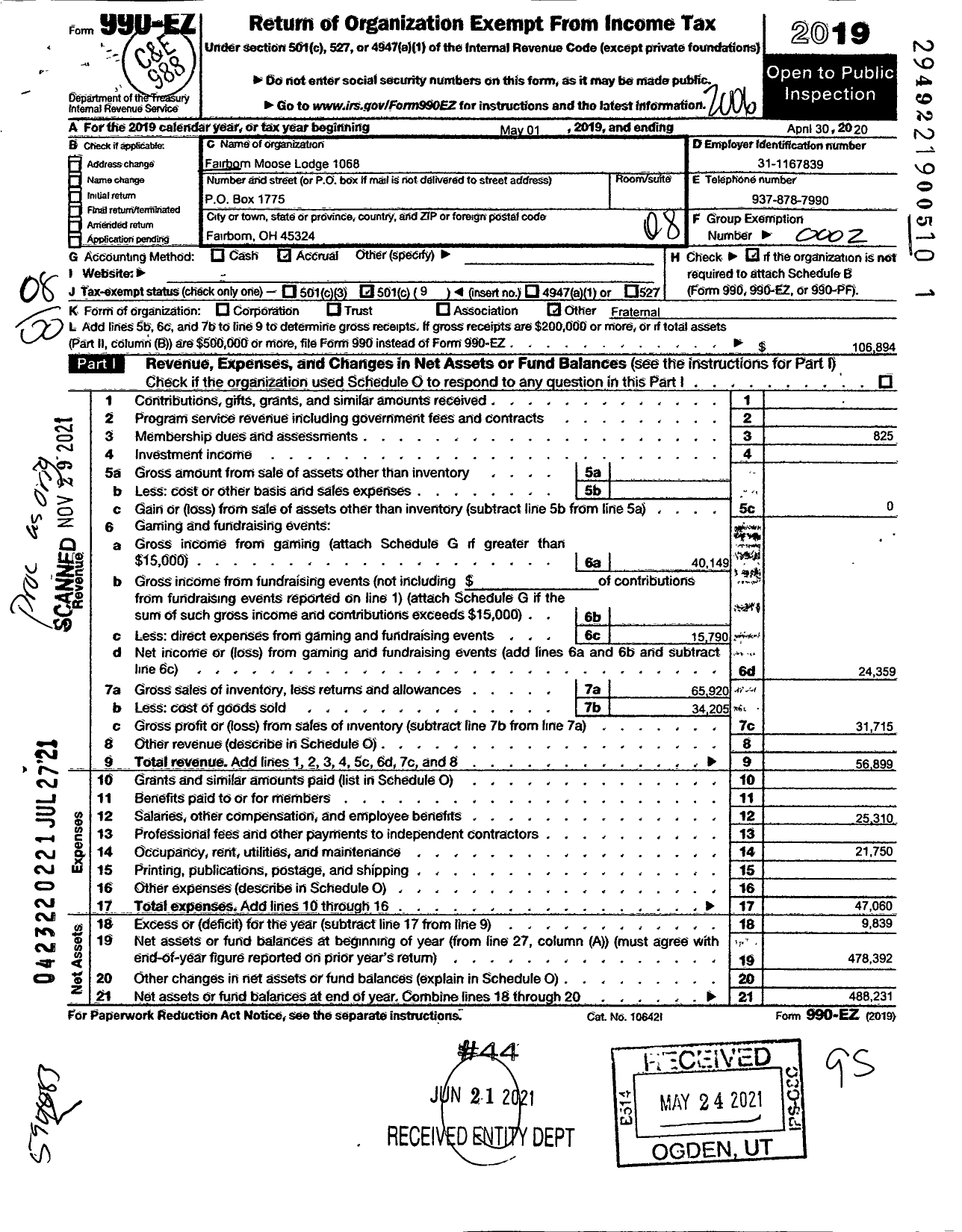 Image of first page of 2019 Form 990EO for Loyal ORDER OF MOOSE - 1068