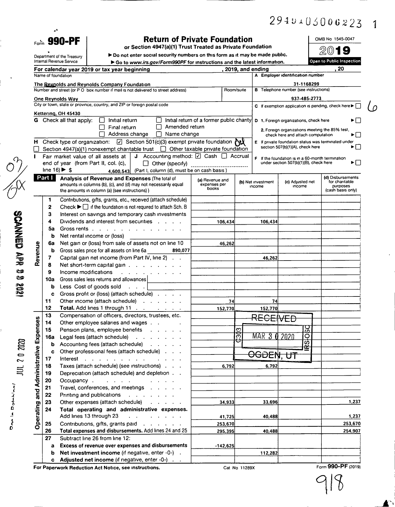 Image of first page of 2019 Form 990PF for Reynolds and Reynolds Company Foundation