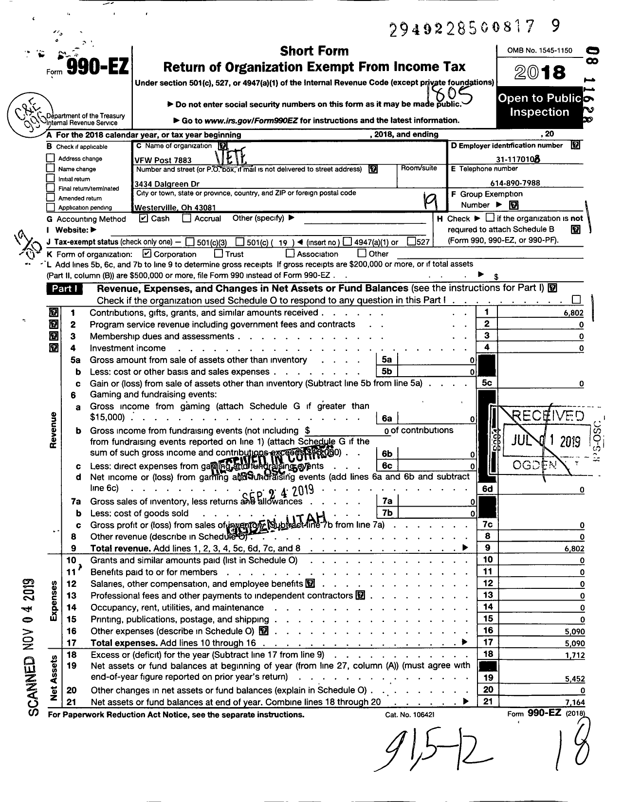 Image of first page of 2017 Form 990EO for Ohio VFW - 7883 Post