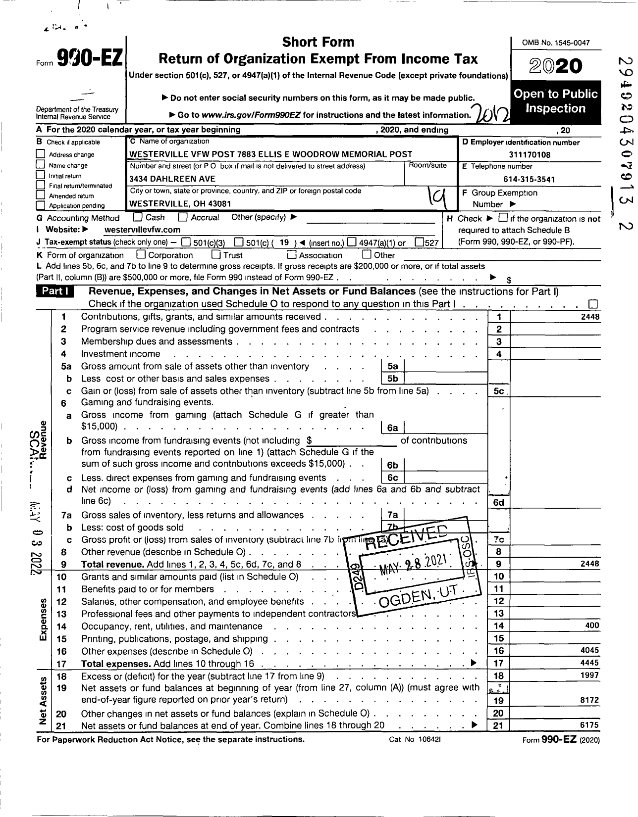 Image of first page of 2020 Form 990EO for Ohio VFW - 7883 Post