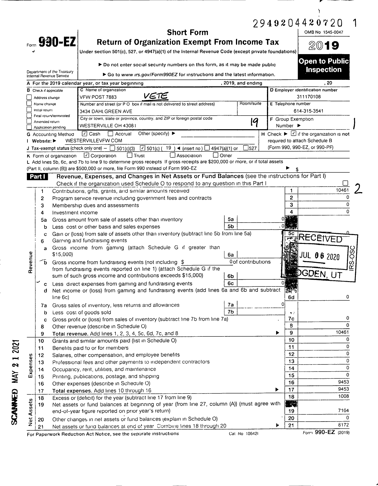 Image of first page of 2019 Form 990EO for Ohio VFW - 7883 Post