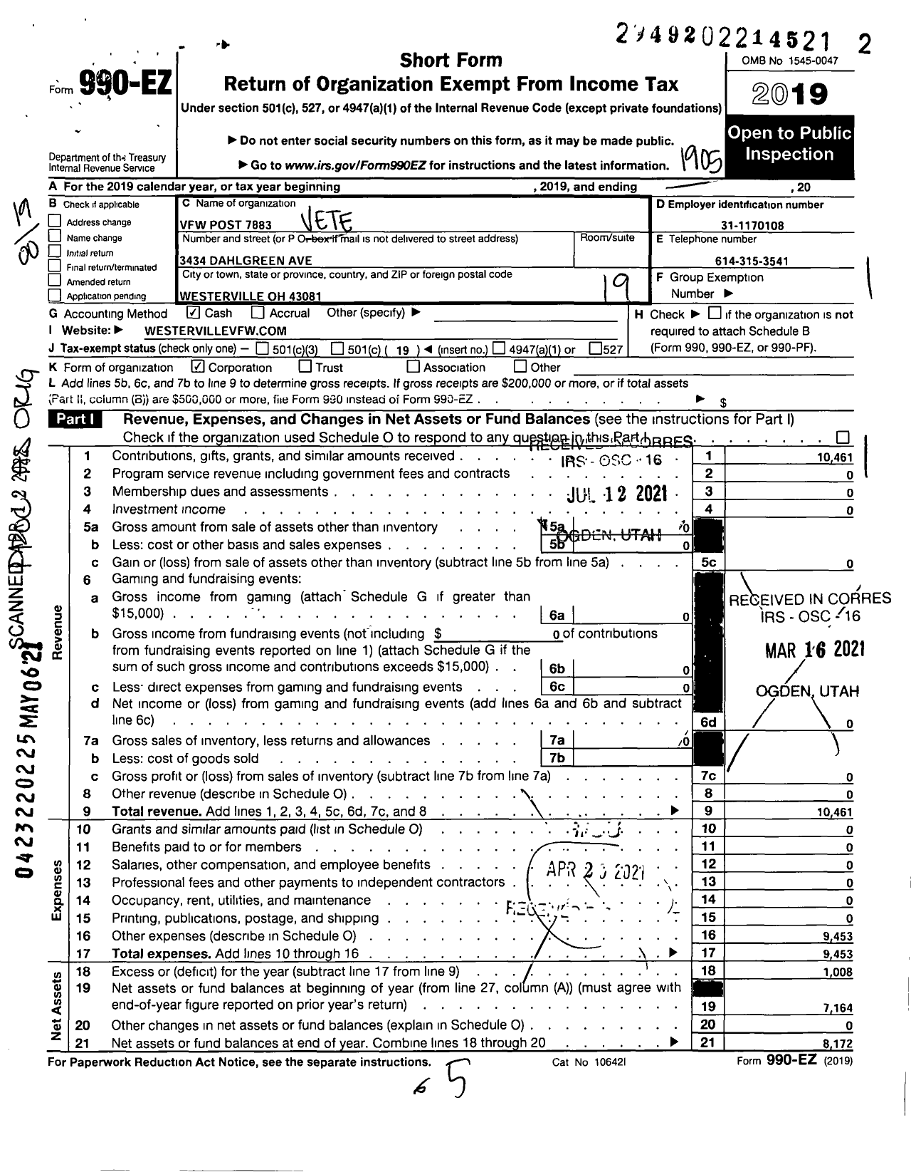 Image of first page of 2018 Form 990EO for Ohio VFW - 7883 Post