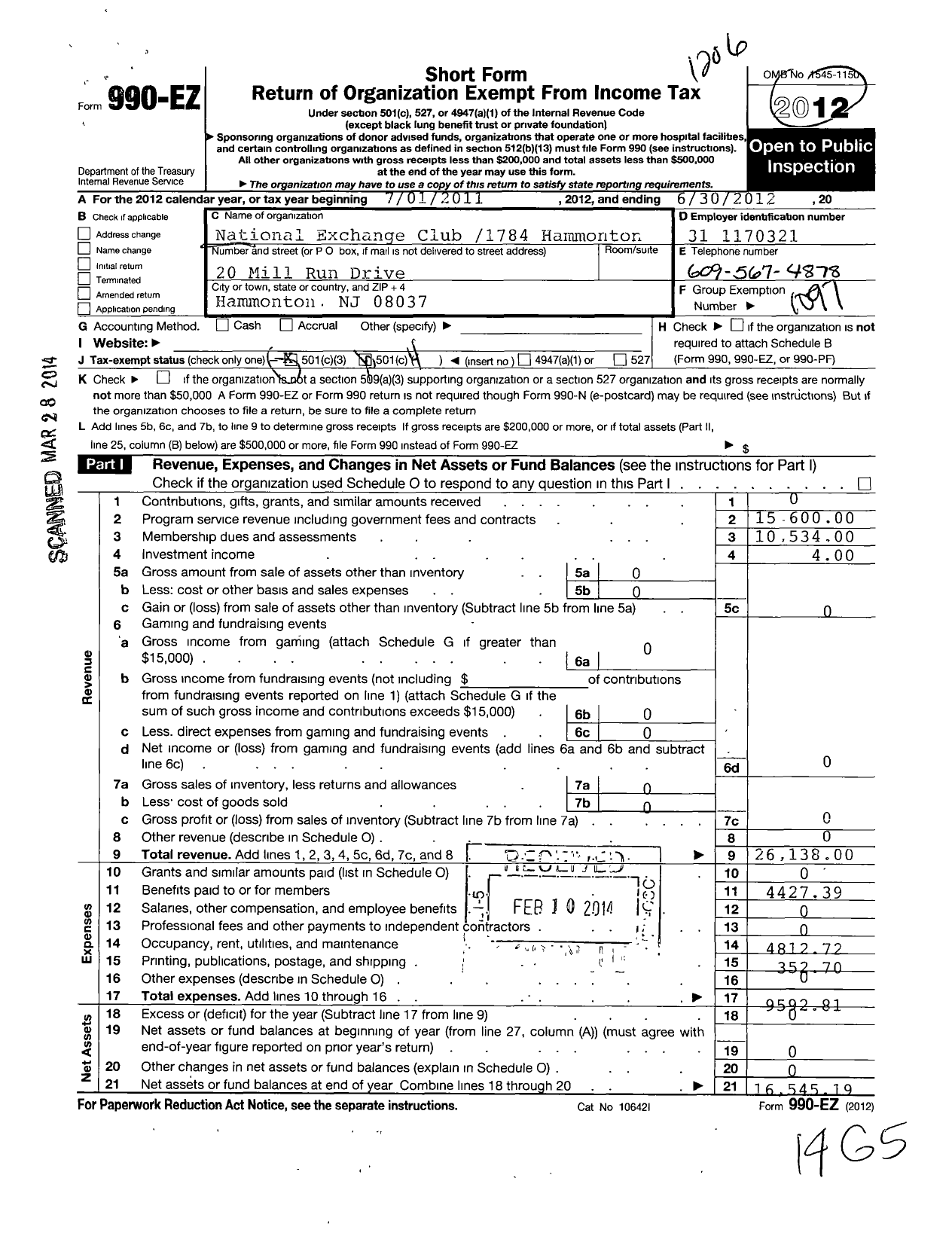 Image of first page of 2011 Form 990EO for National Exchange Club - 1784 Hammonton