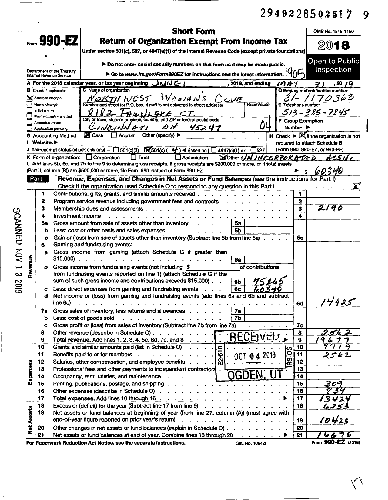 Image of first page of 2018 Form 990EO for Northwest Womans Club