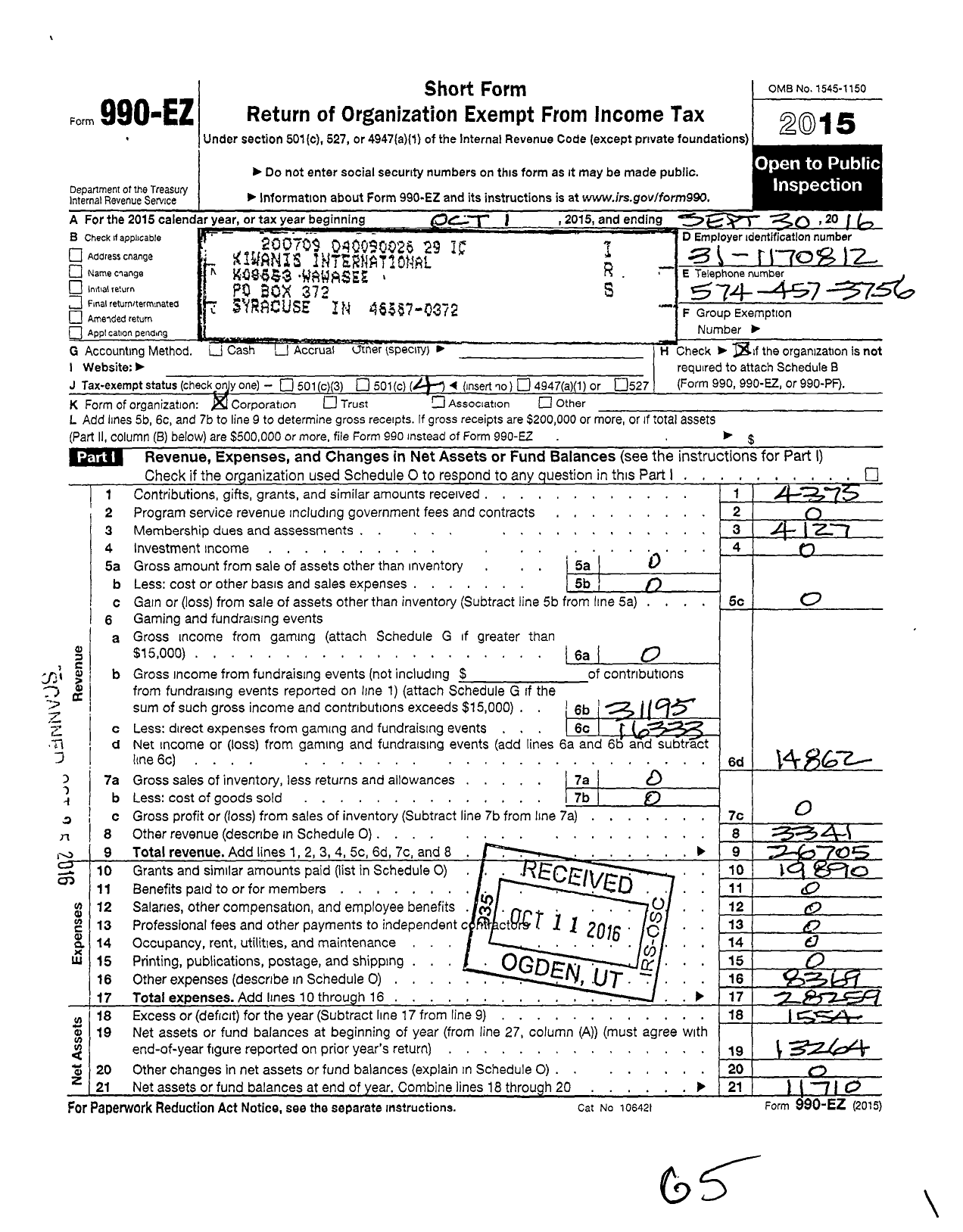 Image of first page of 2015 Form 990EO for Kiwanis International - K08653 Wawasee