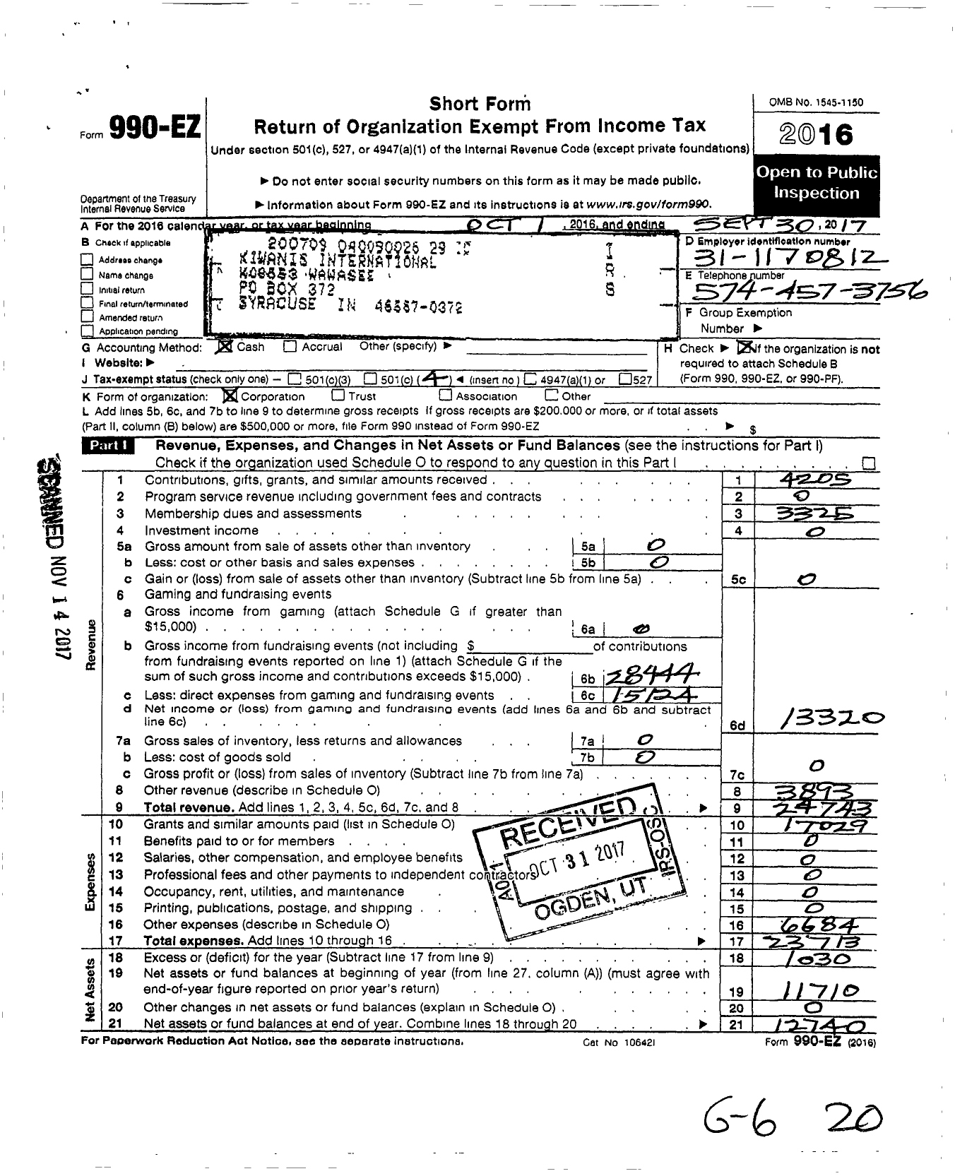 Image of first page of 2016 Form 990EO for Kiwanis International - K08653 Wawasee