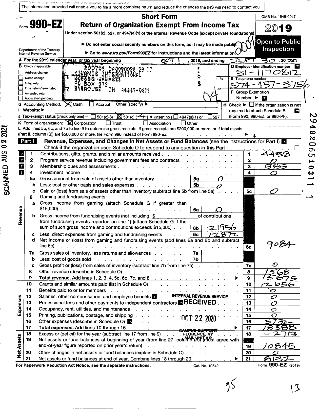 Image of first page of 2019 Form 990EO for Kiwanis International - K08653 Wawasee