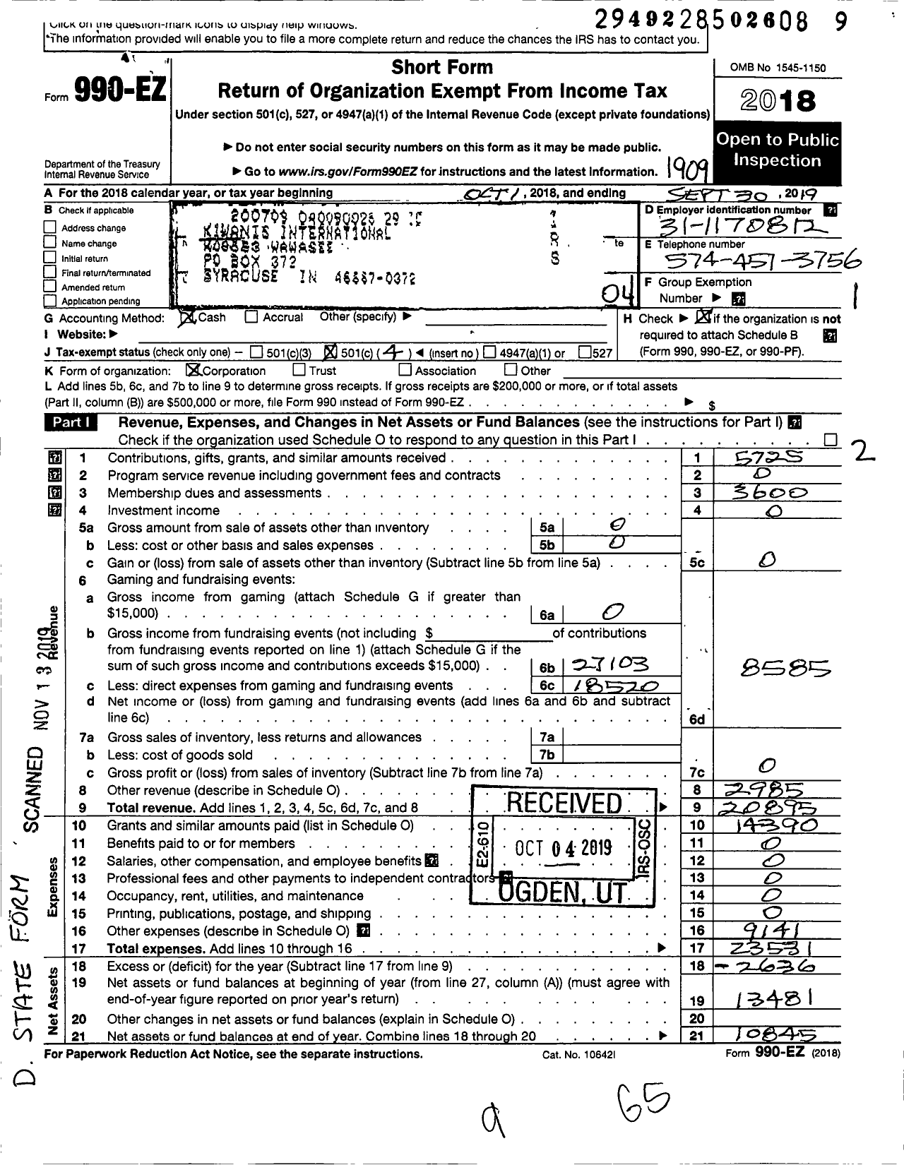 Image of first page of 2018 Form 990EO for Kiwanis International - K08653 Wawasee