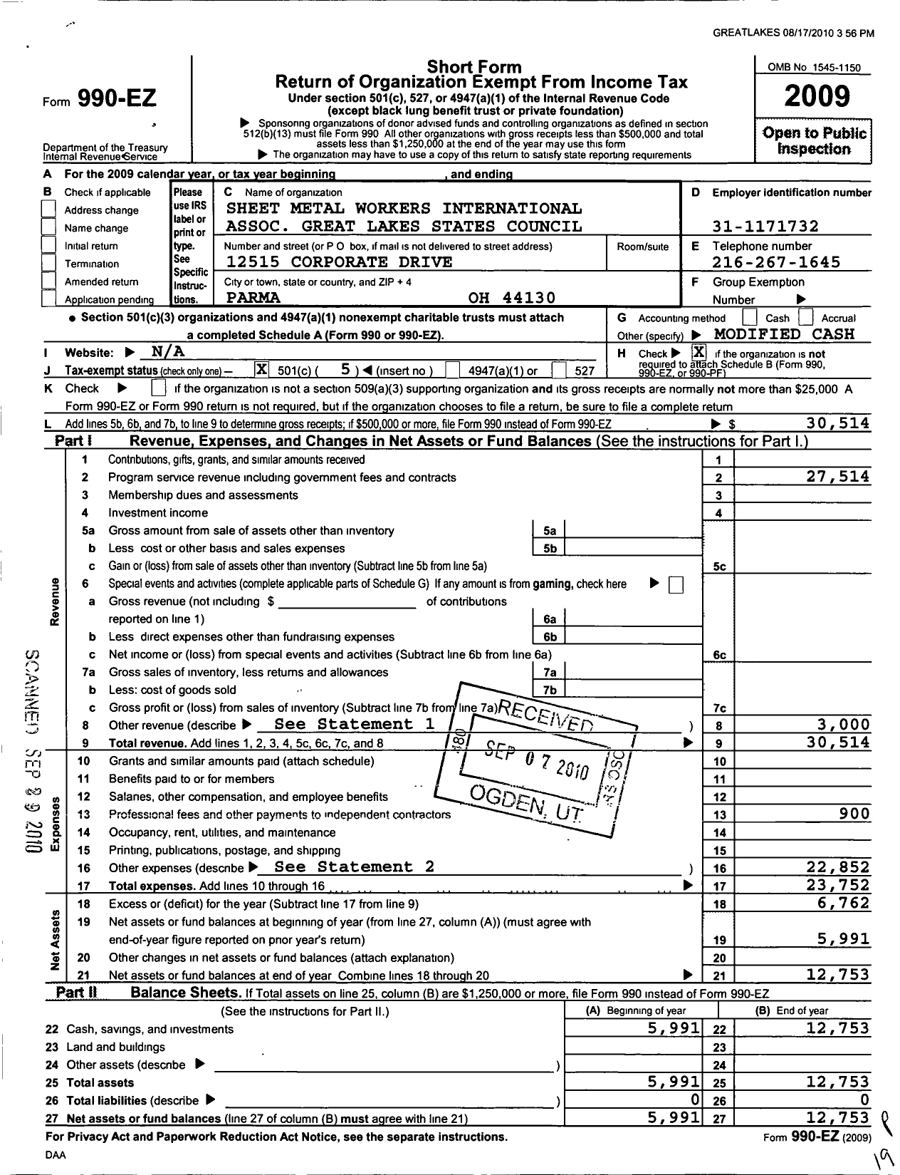 Image of first page of 2009 Form 990EO for Smart Union - Great Lakes States Council