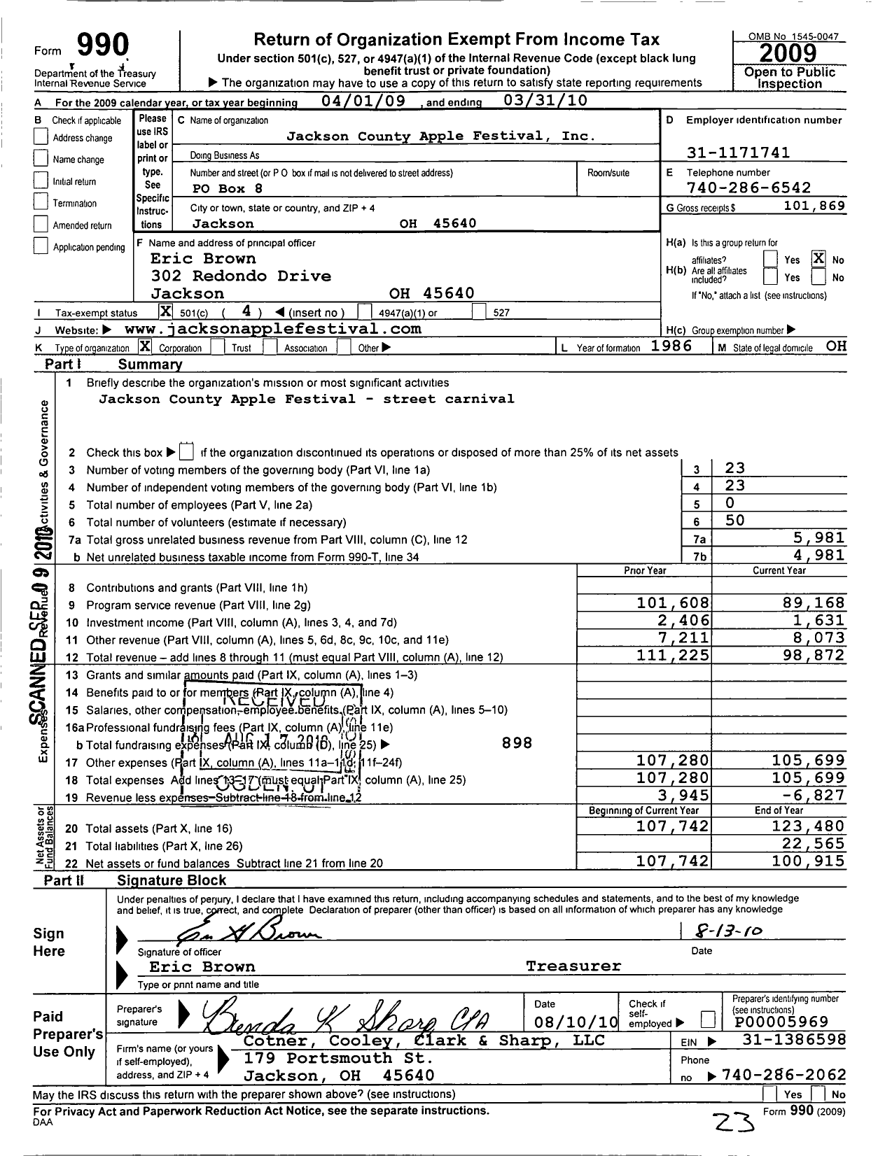 Image of first page of 2009 Form 990O for Jackson County Apple Festival