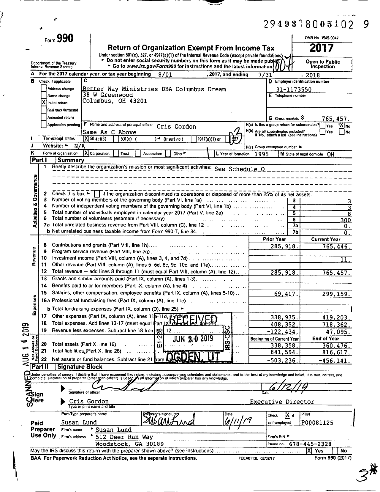 Image of first page of 2017 Form 990 for Columbus Dream Center / Better Way Ministries