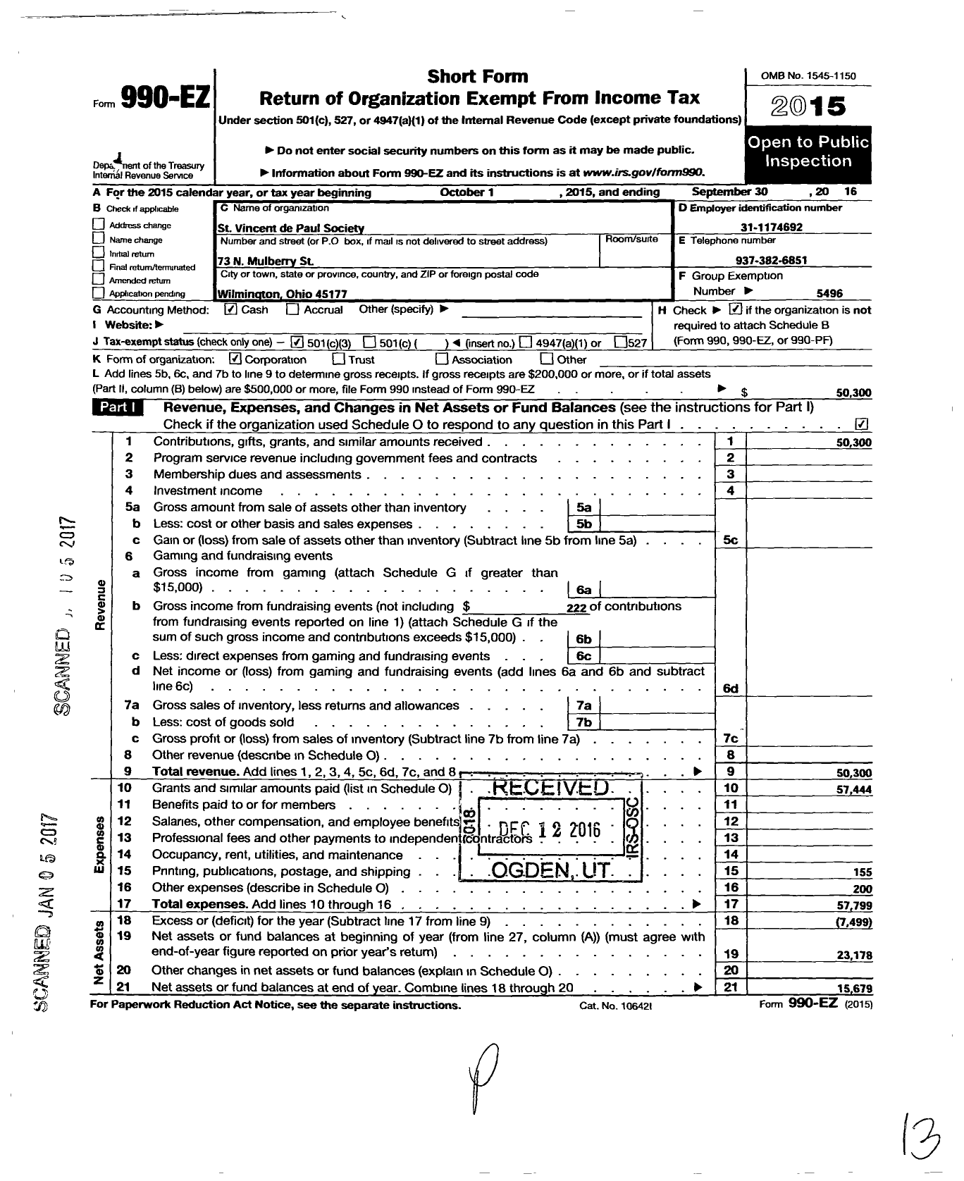 Image of first page of 2015 Form 990EZ for Society of St Vincent de Paul Conference of St Columbkille