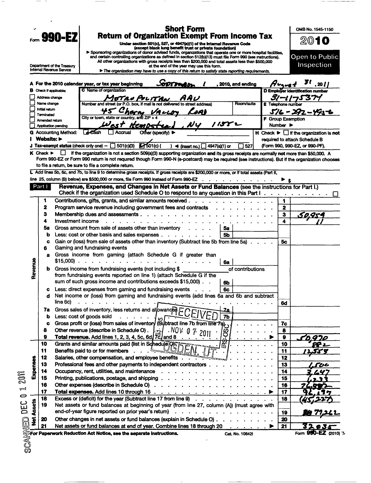 Image of first page of 2010 Form 990EO for AMATEUR ATHLETIC UNION OF THE UNITED STATES INC Metropolitan AAU