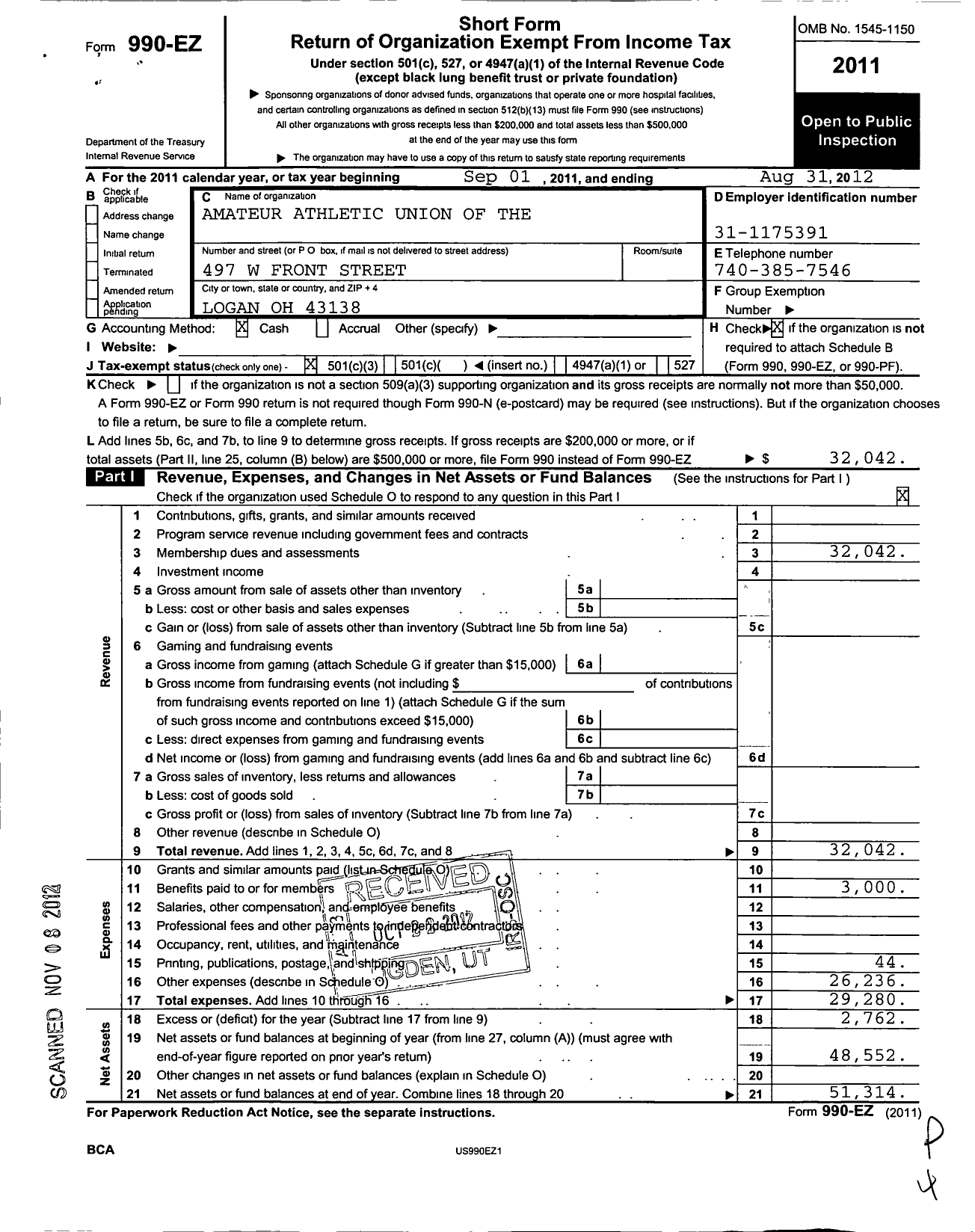 Image of first page of 2011 Form 990EZ for Amateur Athletic Union - Ohio Association