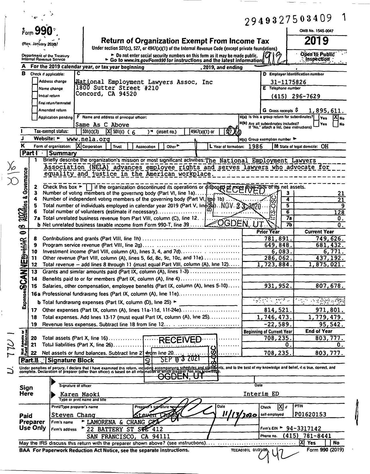 Image of first page of 2019 Form 990O for National Employment Lawyers Association