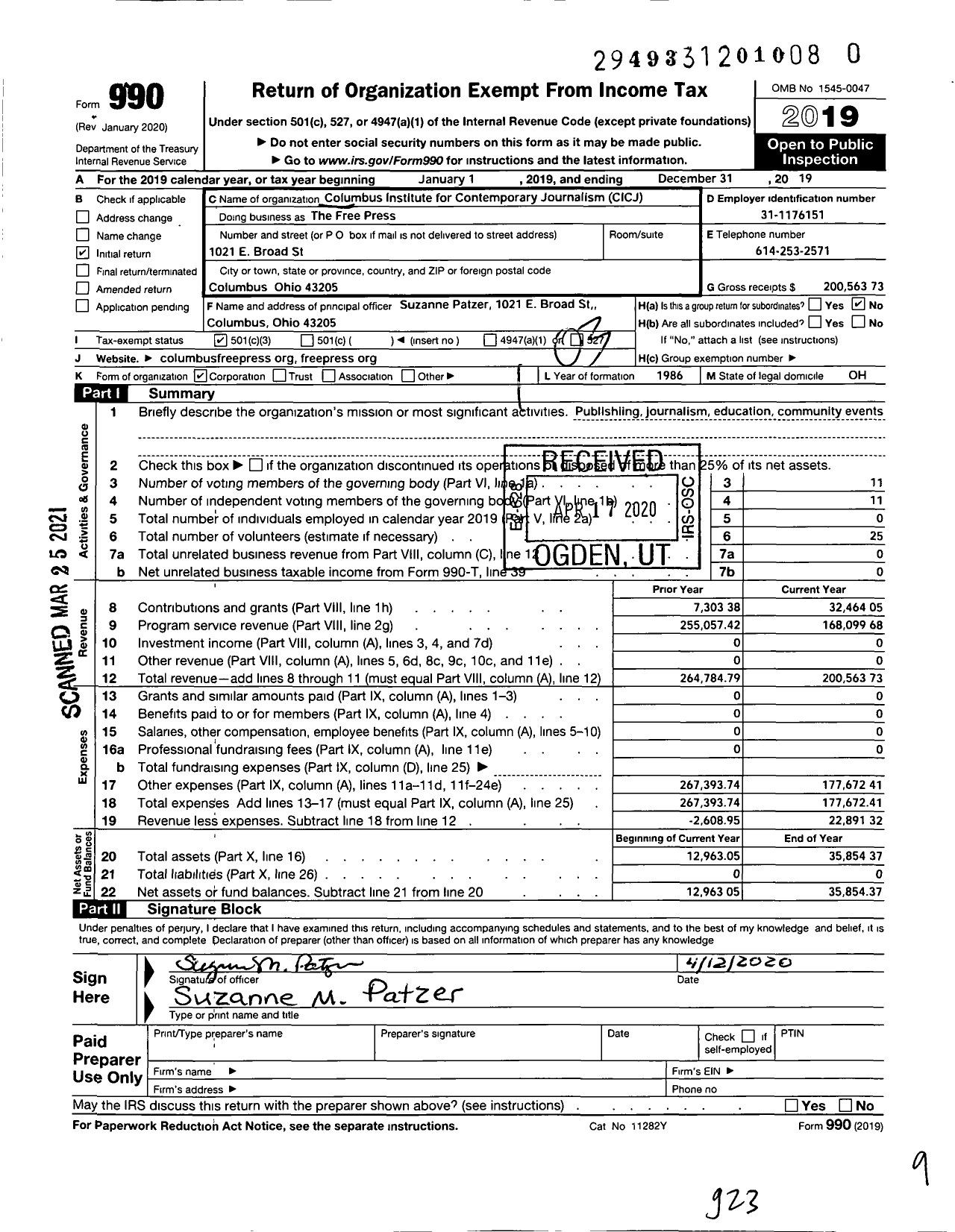 Image of first page of 2019 Form 990 for Columbus Institute for Contemporary Journalism Incorporated