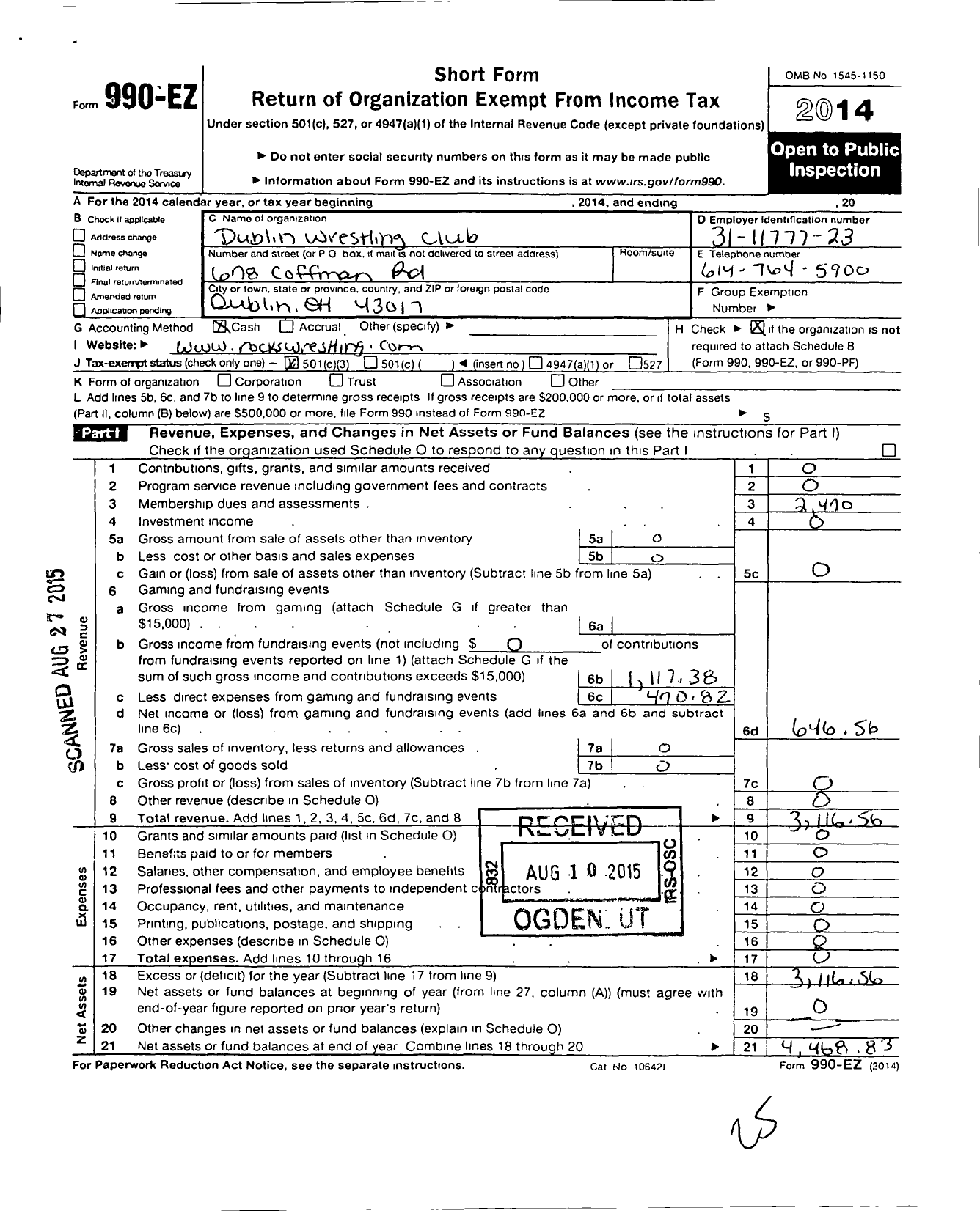 Image of first page of 2014 Form 990EZ for Dublin Wrestling Club