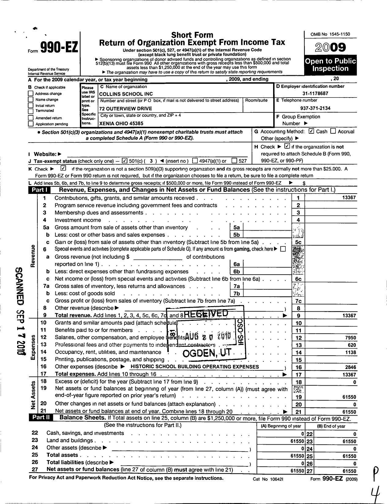 Image of first page of 2009 Form 990EZ for Collins School