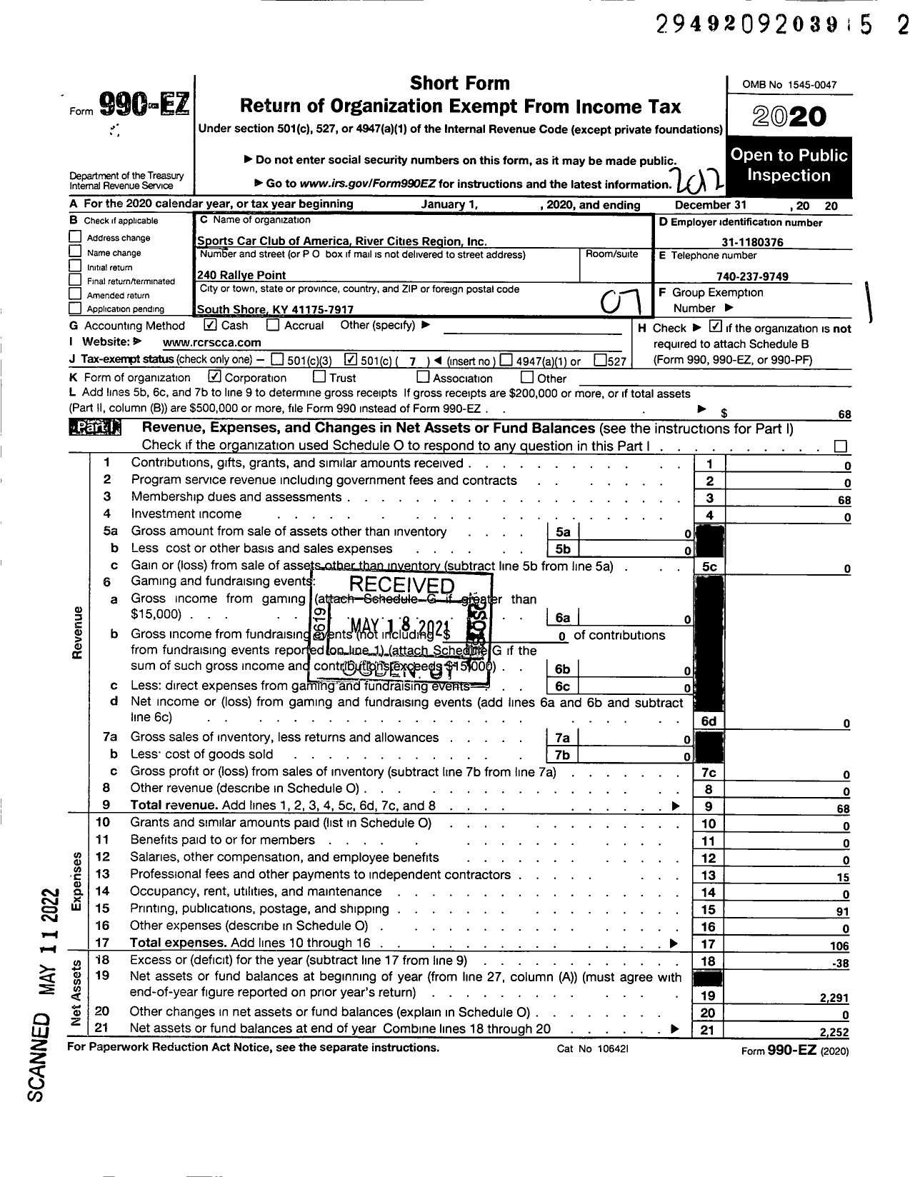 Image of first page of 2020 Form 990EO for Sports Car Club of America River Cities