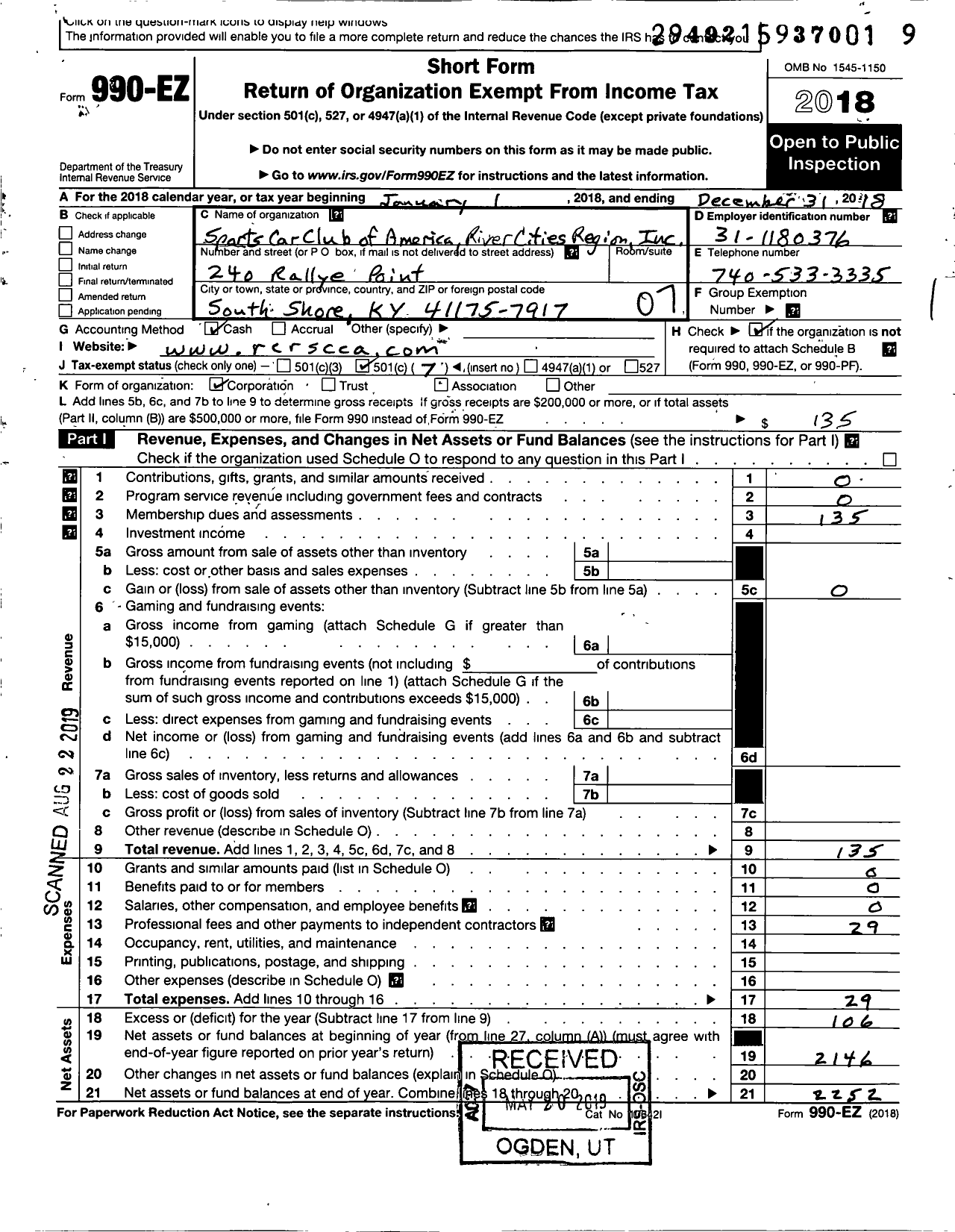 Image of first page of 2018 Form 990EO for Sports Car Club of America River Cities