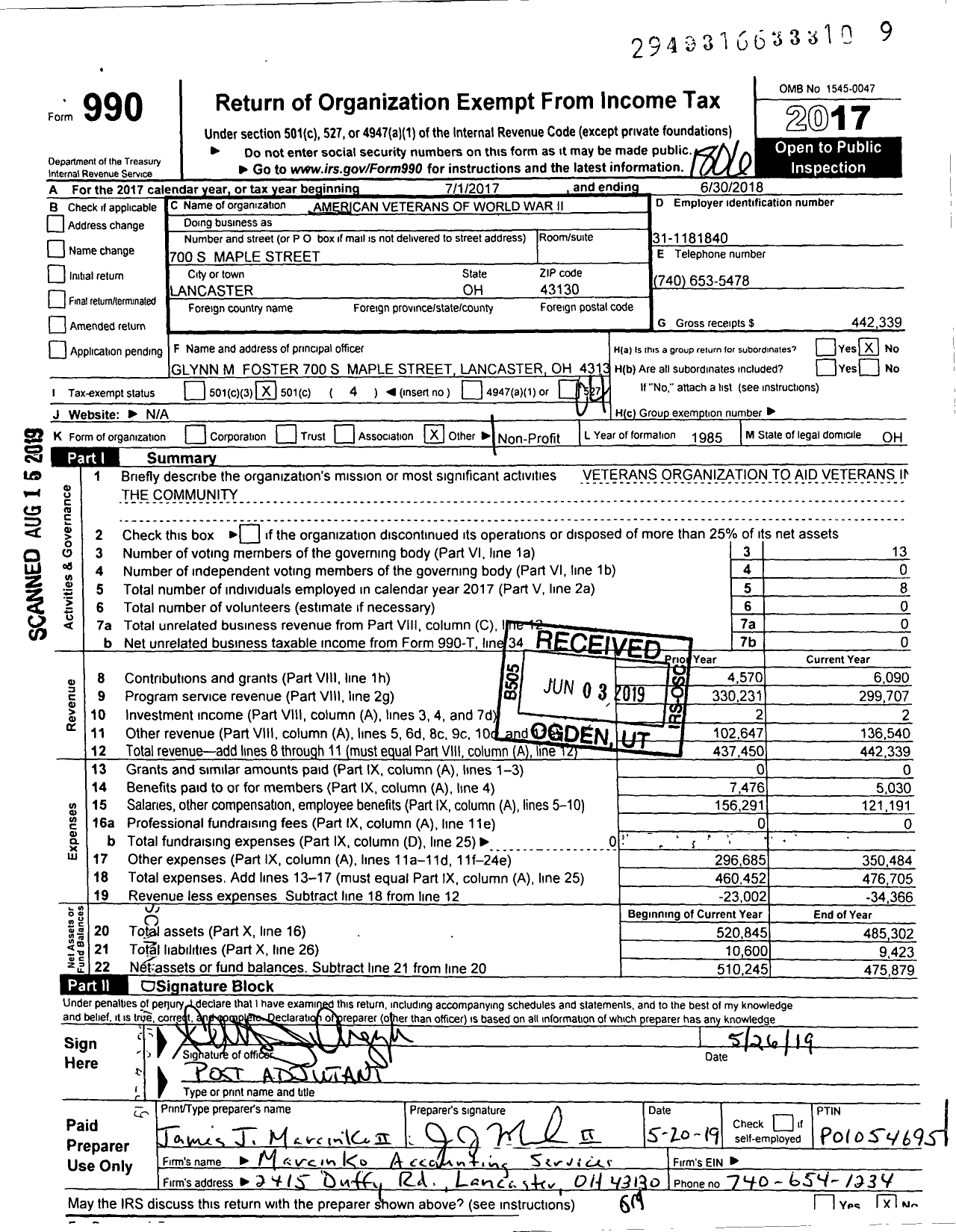 Image of first page of 2017 Form 990O for Amvets - 1985-oh