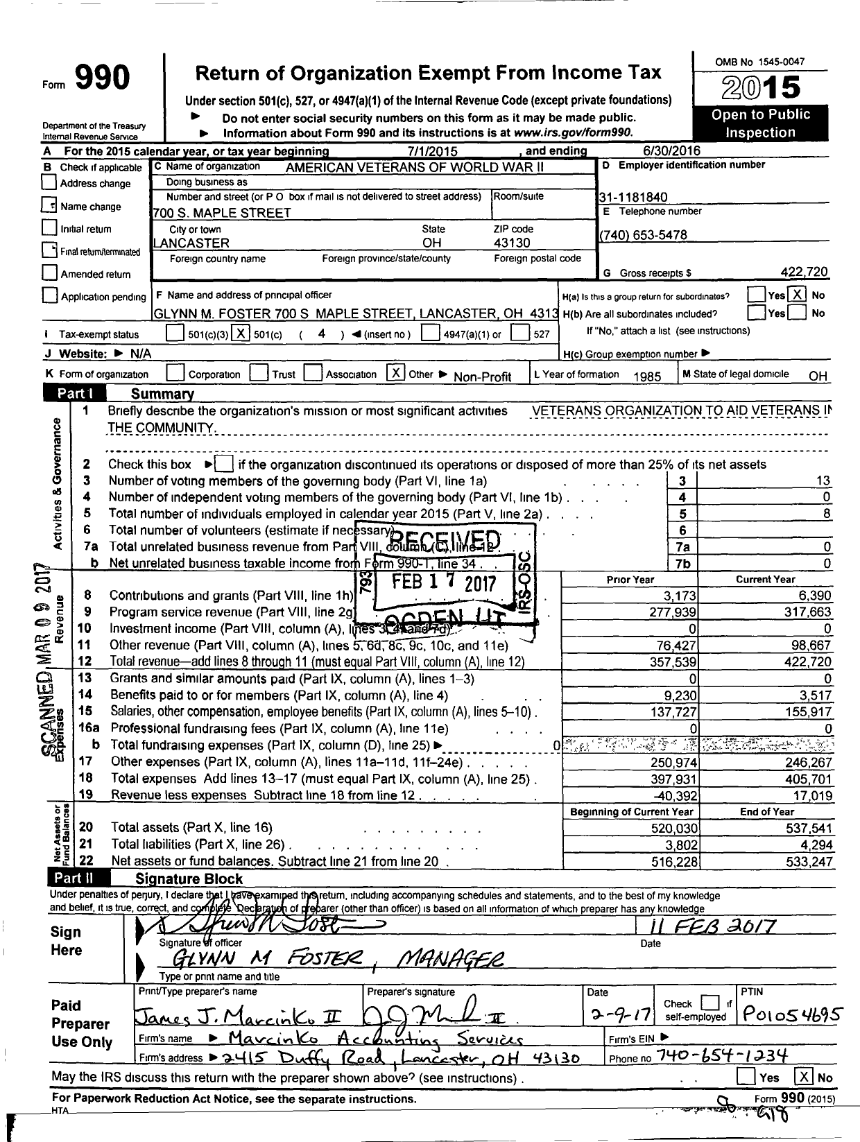 Image of first page of 2015 Form 990O for Amvets - 1985-oh