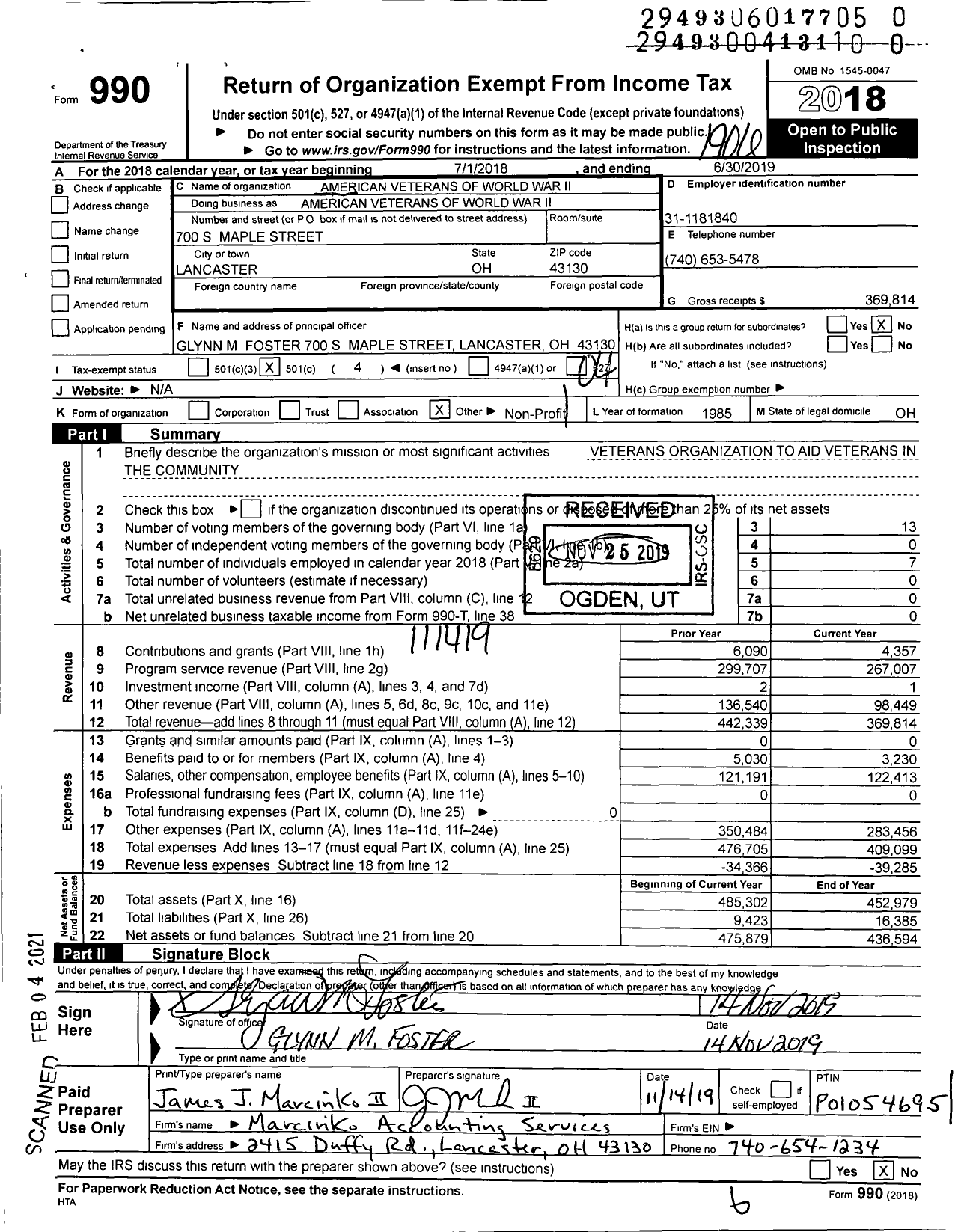 Image of first page of 2018 Form 990O for Amvets - 1985-oh