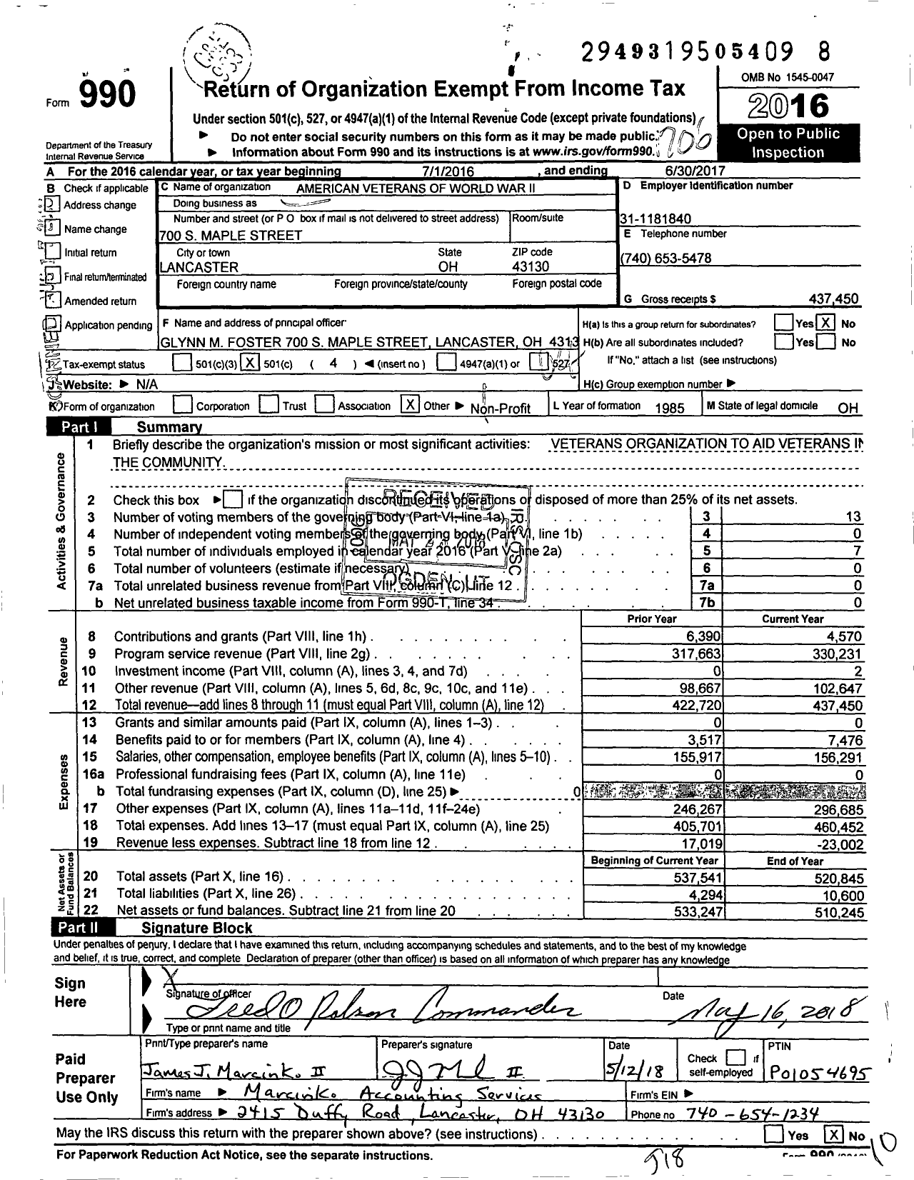 Image of first page of 2016 Form 990O for Amvets - 1985-oh