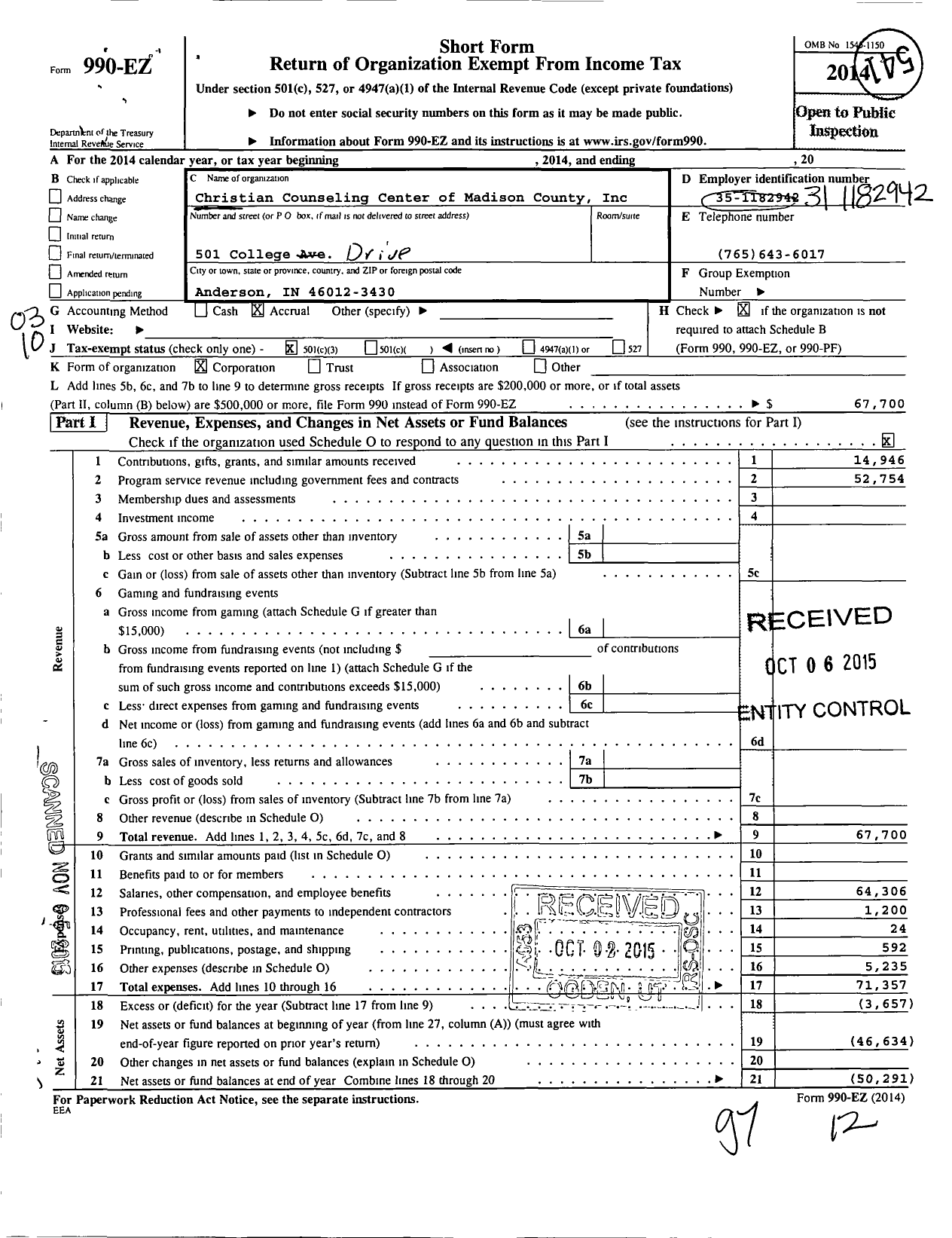 Image of first page of 2014 Form 990EZ for Christian Counseling Center of Madison County