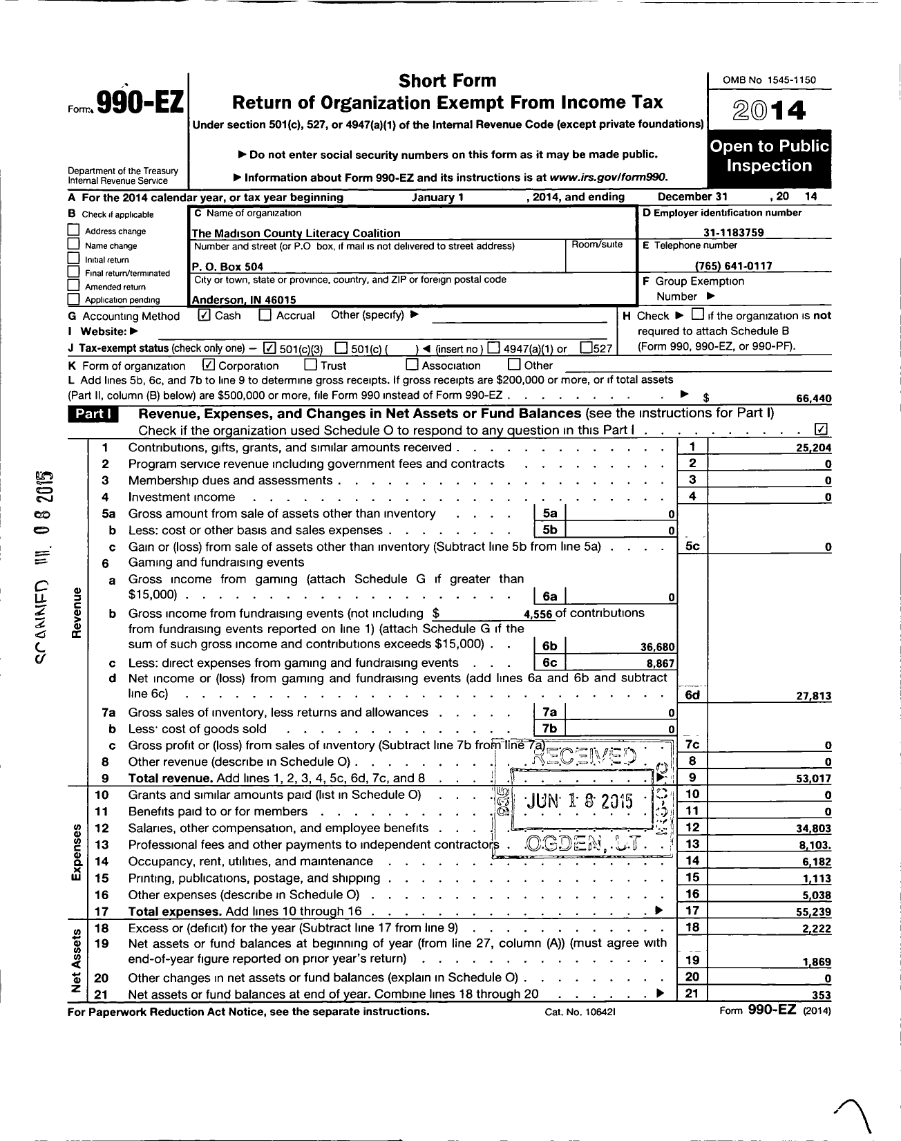 Image of first page of 2014 Form 990EZ for The Madison County Literacy Coalition