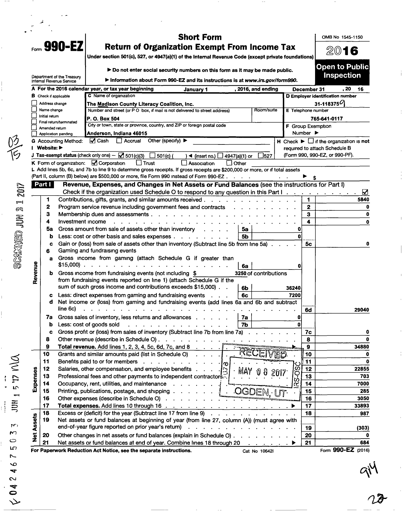 Image of first page of 2016 Form 990EZ for The Madison County Literacy Coalition