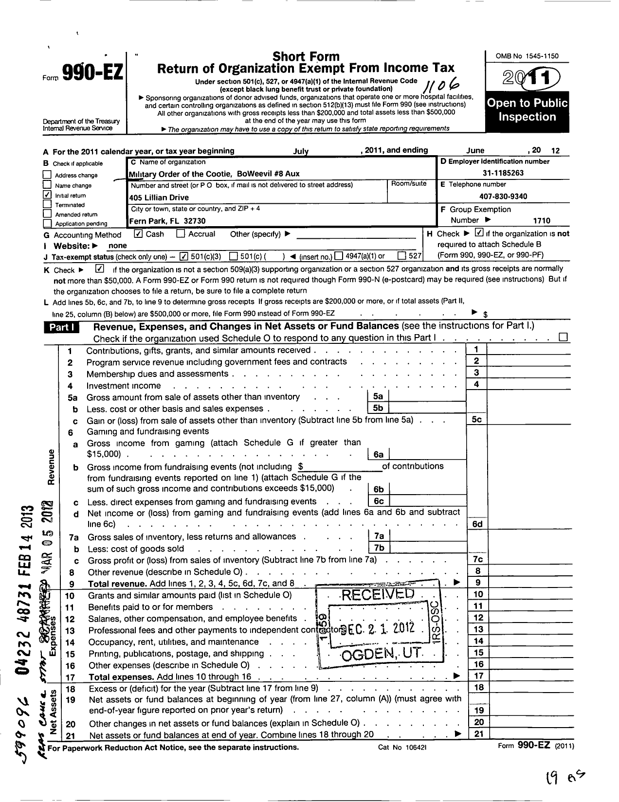 Image of first page of 2011 Form 990EZ for Military Order of the Cootie of the United States - 8 Bo-Weevil Auxiliary