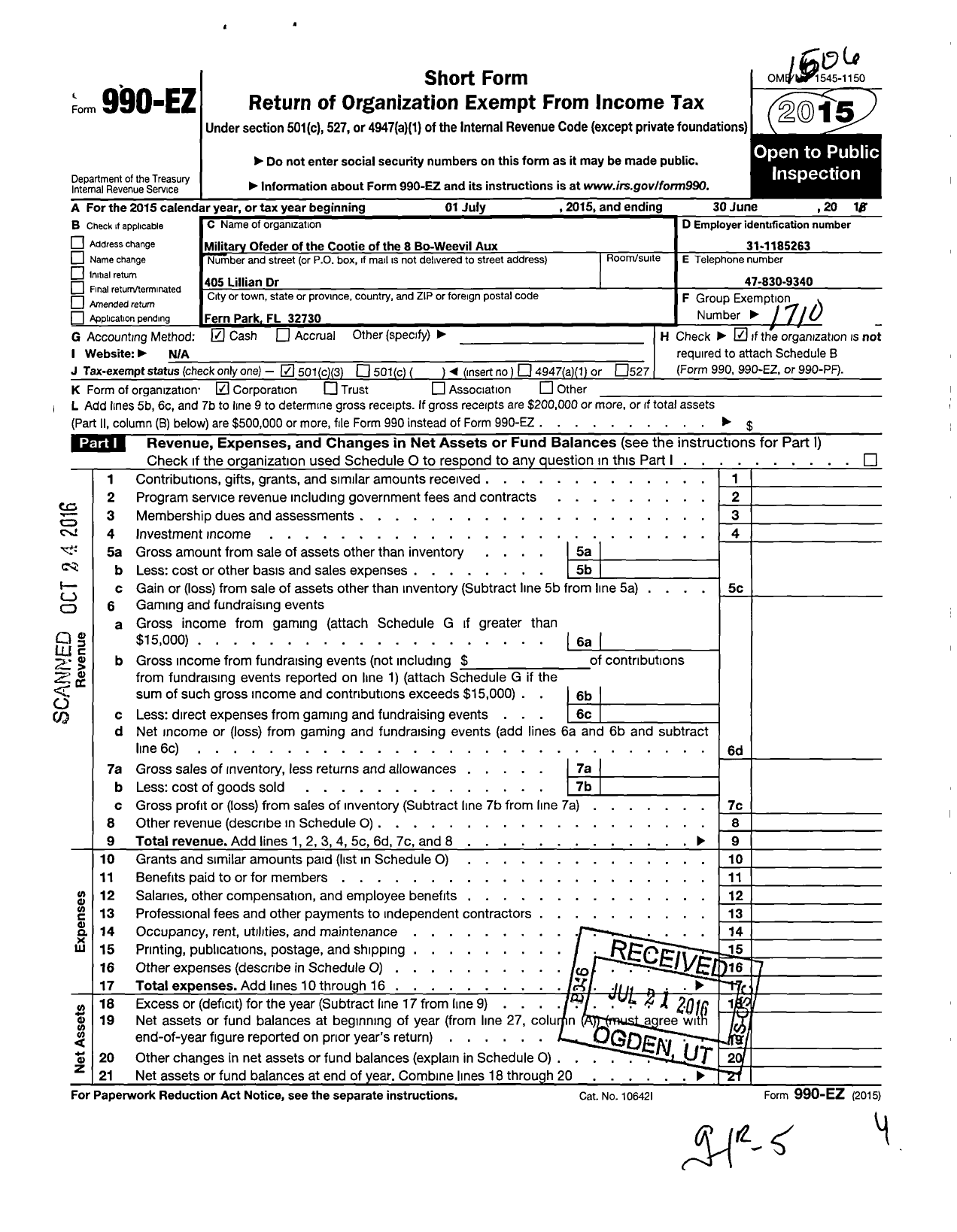 Image of first page of 2014 Form 990EZ for Military Order of the Cootie of the United States - 8 Bo-Weevil Auxiliary