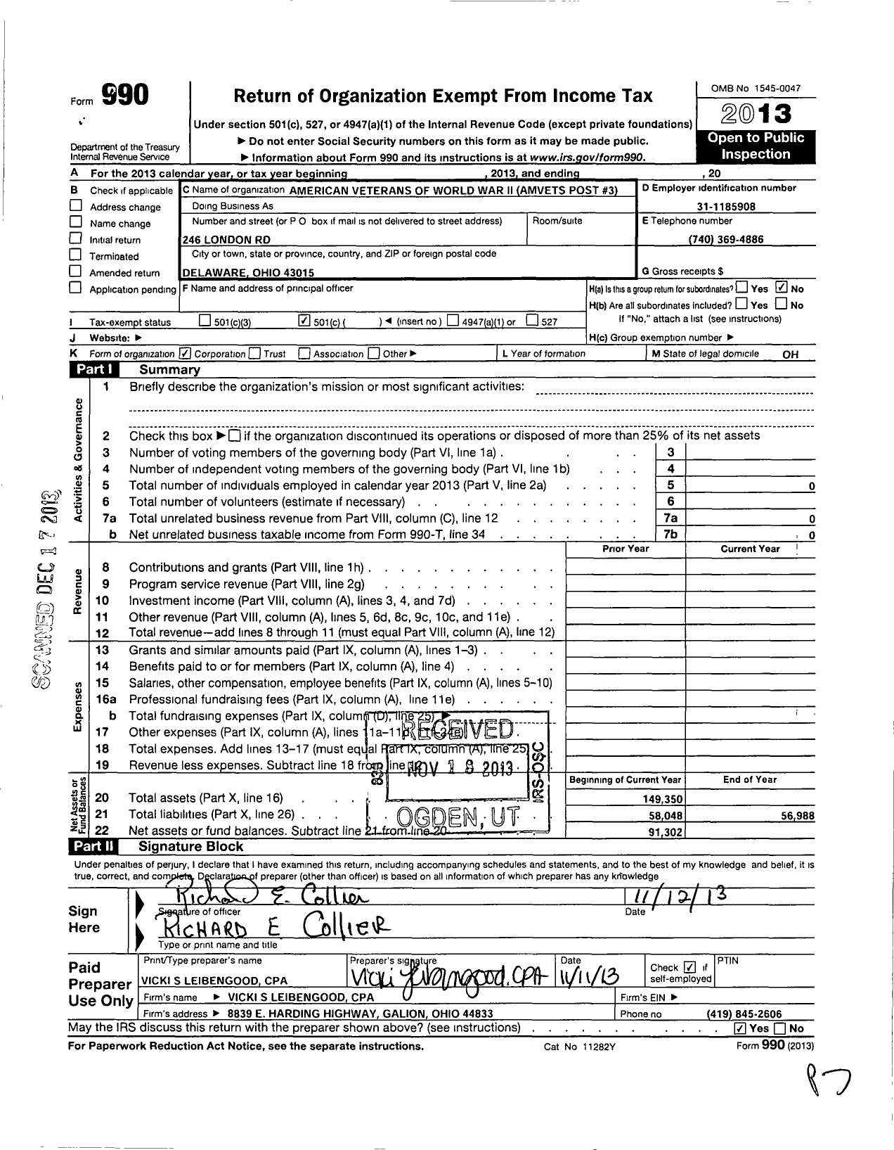 Image of first page of 2013 Form 990O for Amvets - American Veterns of World War Ii Amvets Post 3