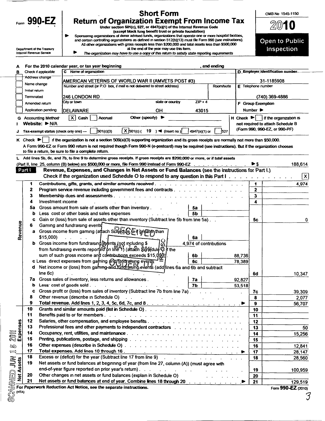 Image of first page of 2010 Form 990EO for Amvets - American Veterns of World War Ii Amvets Post 3