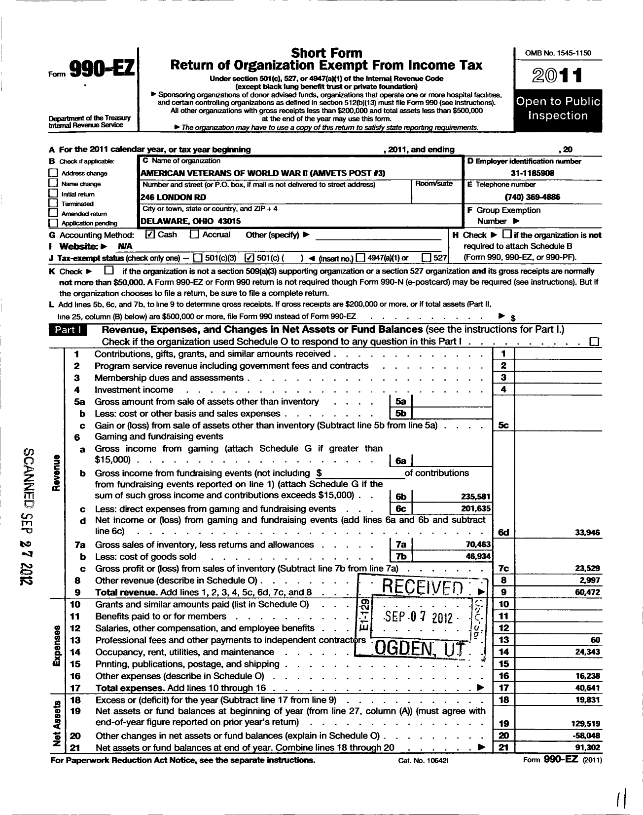 Image of first page of 2011 Form 990EO for Amvets - American Veterns of World War Ii Amvets Post 3