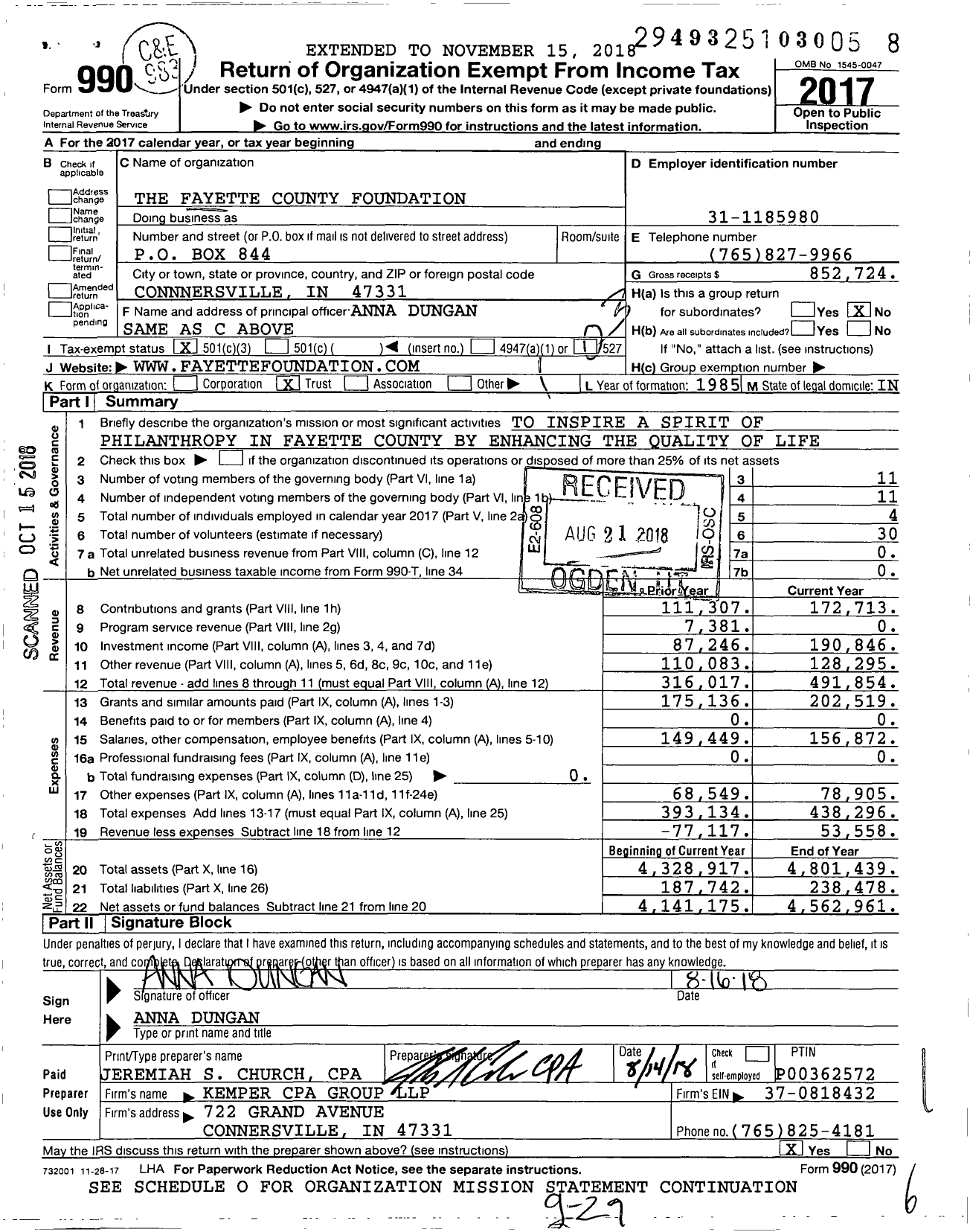 Image of first page of 2017 Form 990 for Fayette County Foundation