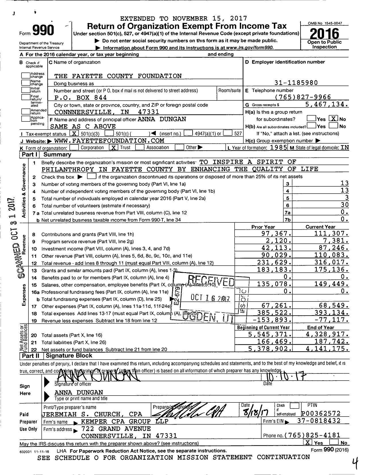 Image of first page of 2016 Form 990 for Fayette County Foundation