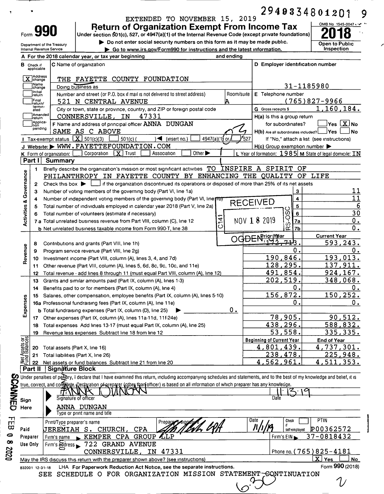 Image of first page of 2018 Form 990 for Fayette County Foundation