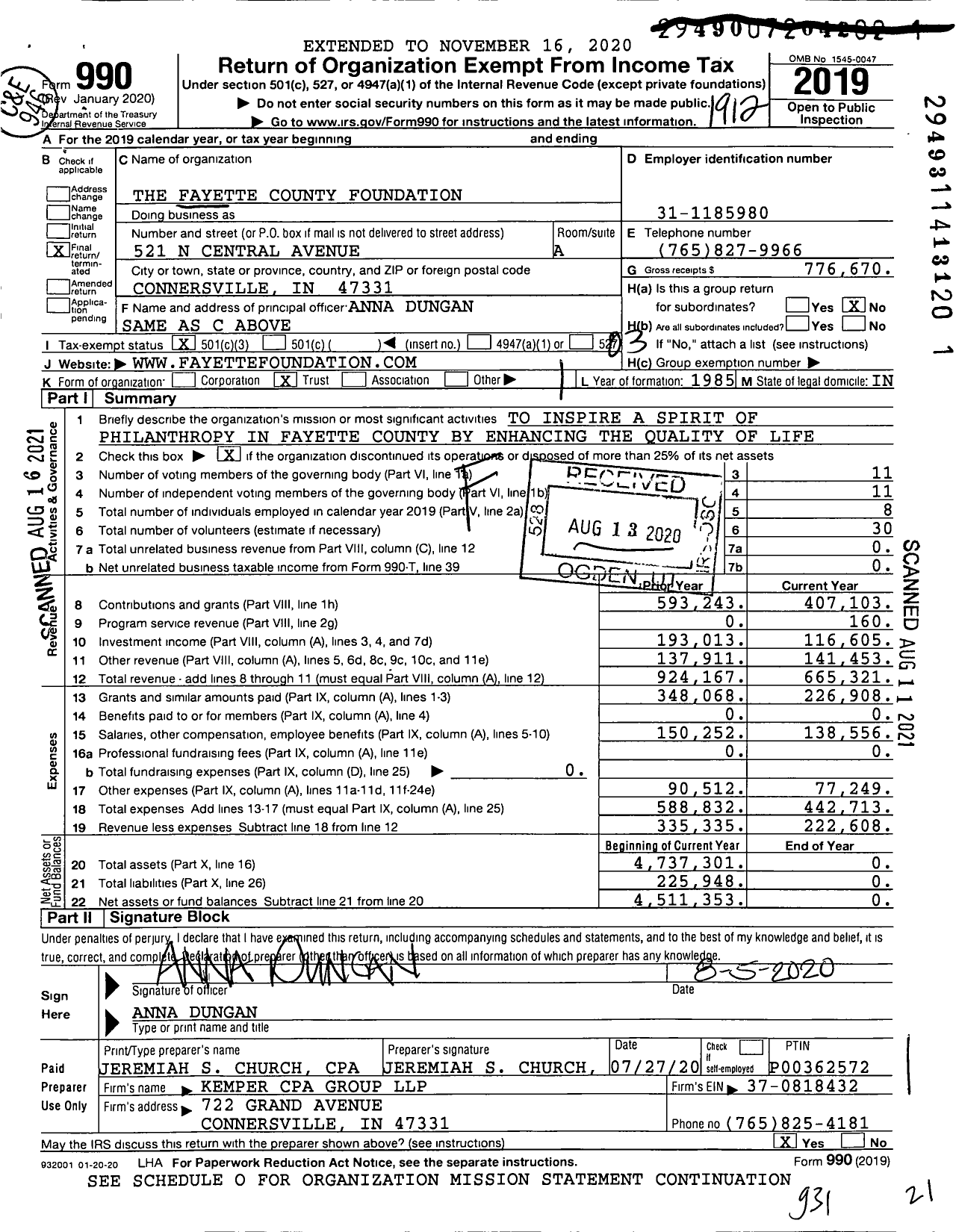 Image of first page of 2019 Form 990 for Fayette County Foundation