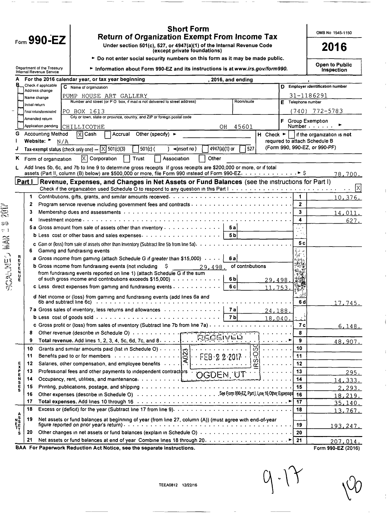 Image of first page of 2016 Form 990EZ for Pump House Art Gallery