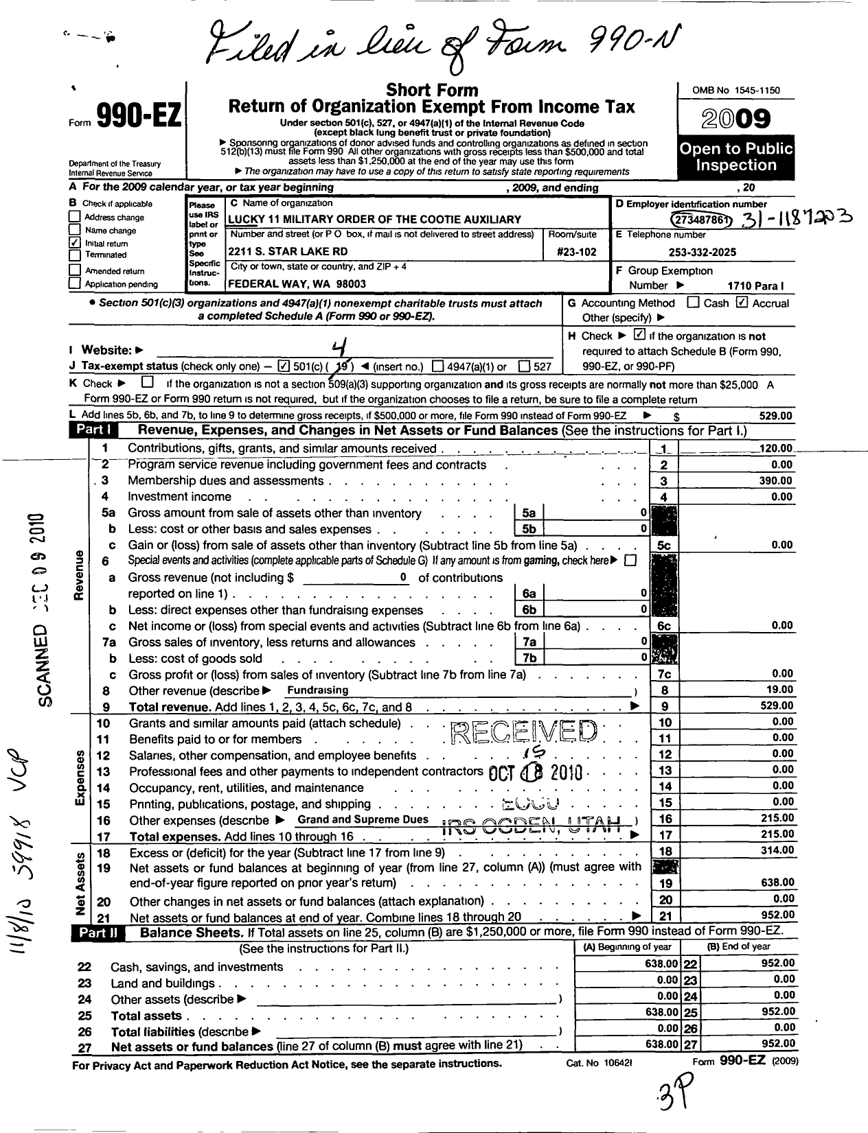 Image of first page of 2009 Form 990EO for Military Order of the Cootie of the United States - 11 Pup Tent Lucky Eleven Auxiliary