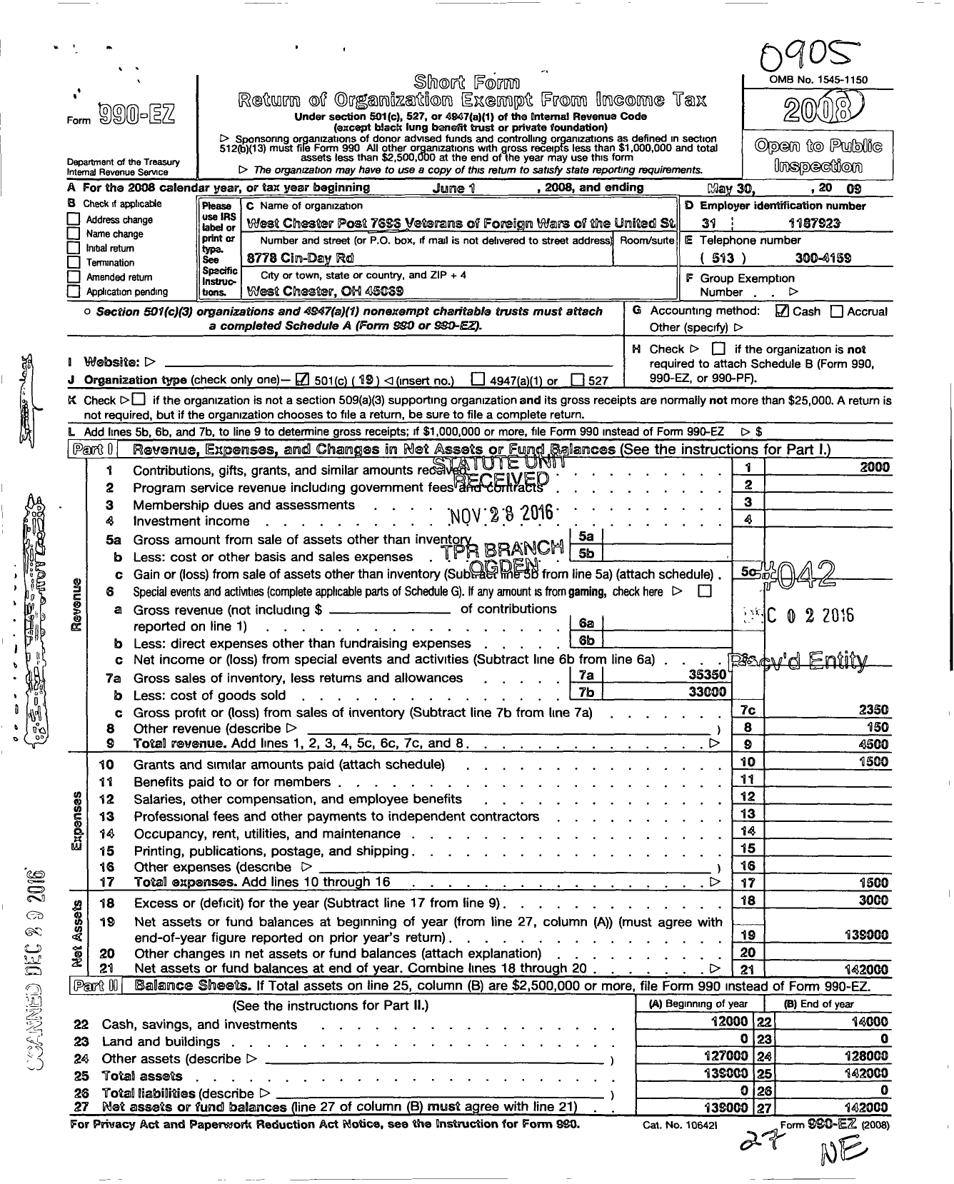 Image of first page of 2008 Form 990EO for West Chester Post 7696 Veterans of Foreign Wars of the United States